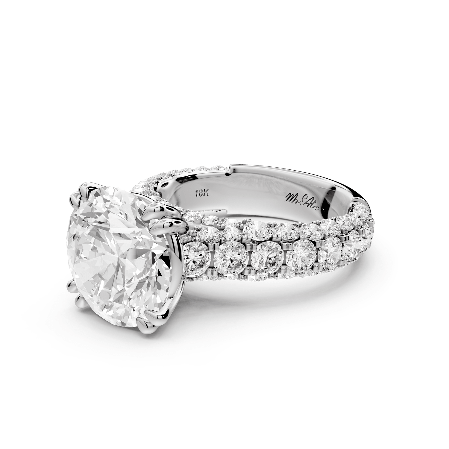Clarissa - 5ct 18k white gold round Diamond double talon prongs with a diamond bridge rollover pave cathedral engagment ring - Mr. Alex Jewelry