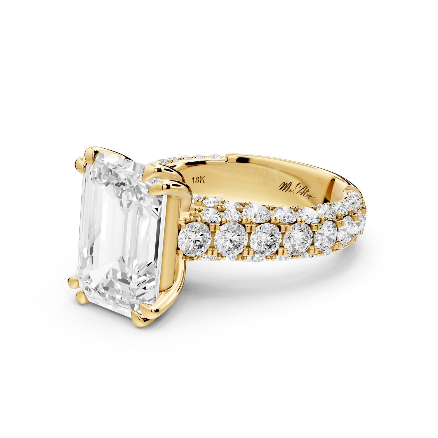 Clarissa - 5ct 18k yellow gold emerald Diamond double talon prongs with a diamond bridge rollover pave cathedral engagment ring - Mr. Alex Jewelry