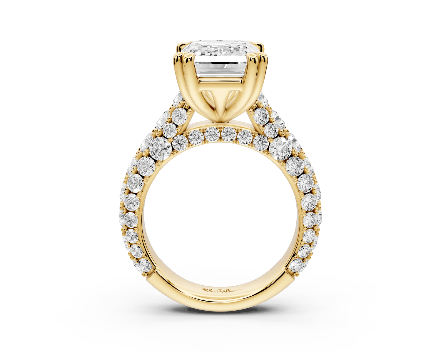 Clarissa - 5ct 18k yellow gold emerald Diamond double talon prongs with a diamond bridge rollover pave cathedral engagment ring - Mr. Alex Jewelry