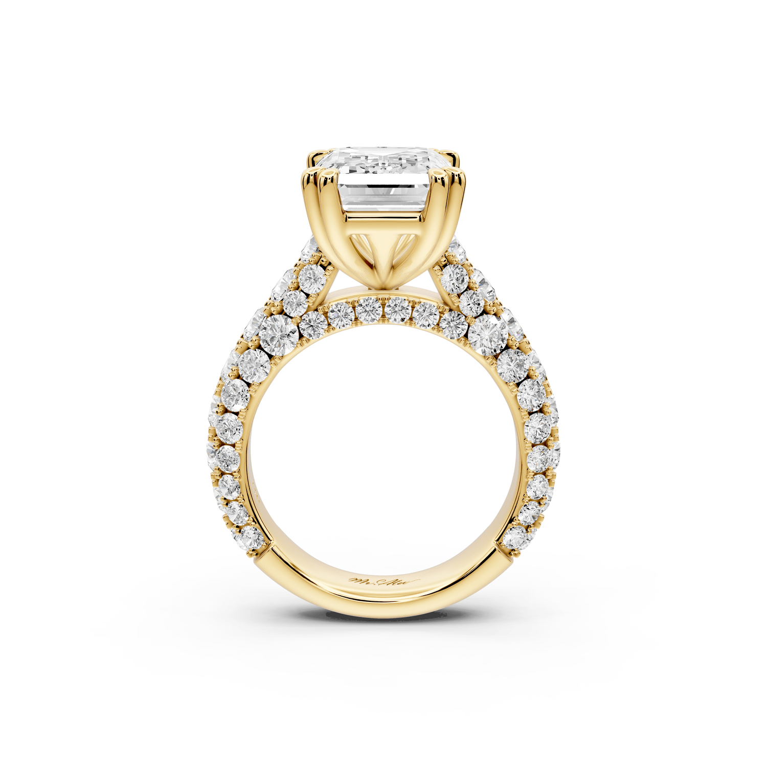 Clarissa - 5ct 18k yellow gold emerald Diamond double talon prongs with a diamond bridge rollover pave cathedral engagment ring - Mr. Alex Jewelry