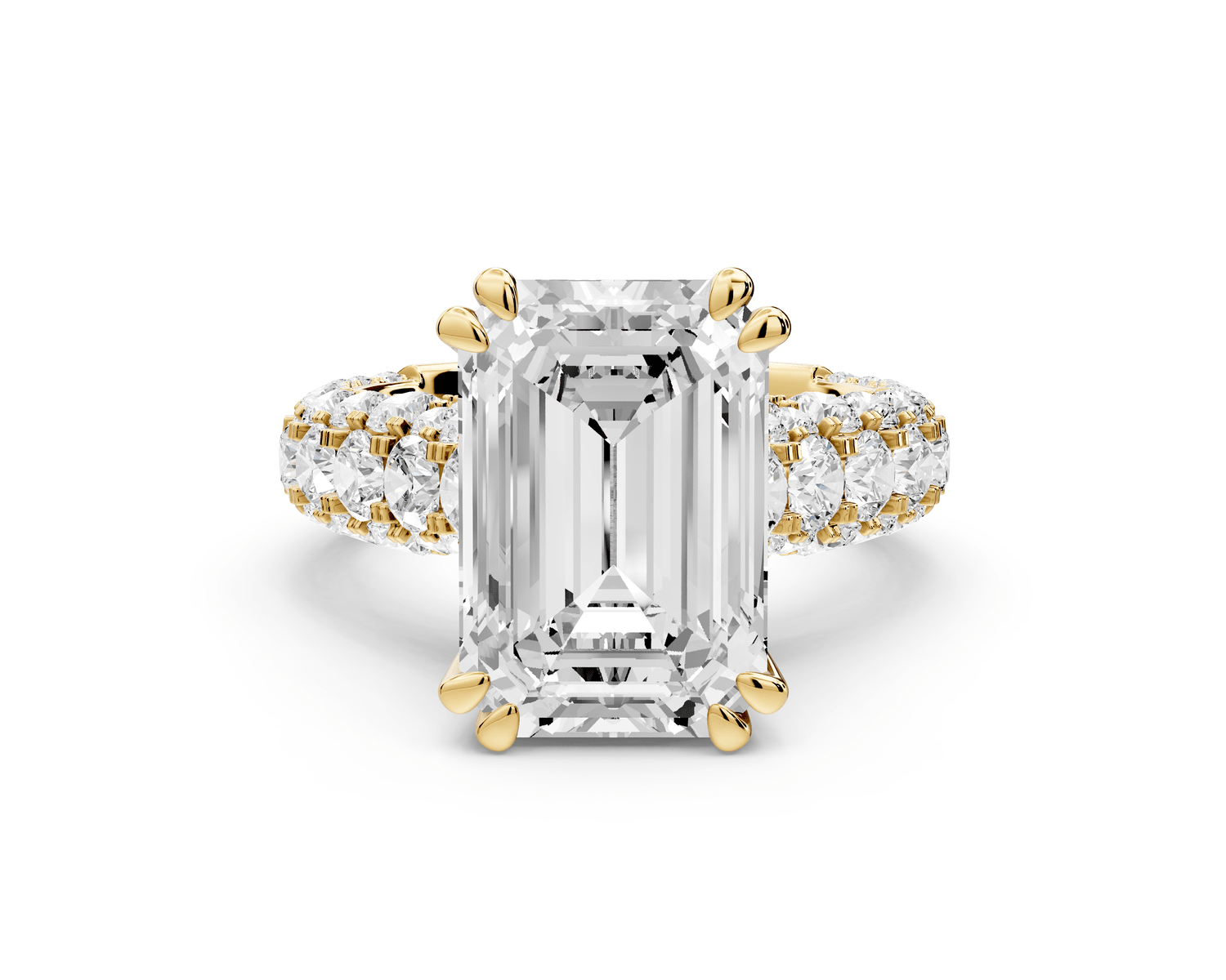 Clarissa - 5ct 18k yellow gold emerald Diamond double talon prongs with a diamond bridge rollover pave cathedral engagment ring - Mr. Alex Jewelry