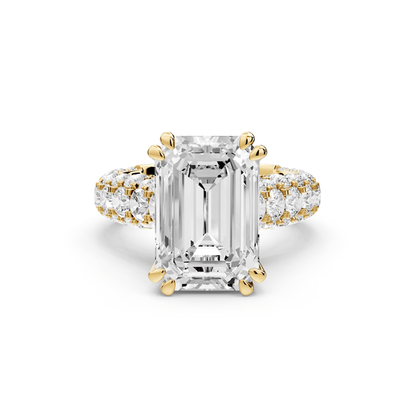 Clarissa - 5ct 18k yellow gold emerald Diamond double talon prongs with a diamond bridge rollover pave cathedral engagment ring - Mr. Alex Jewelry