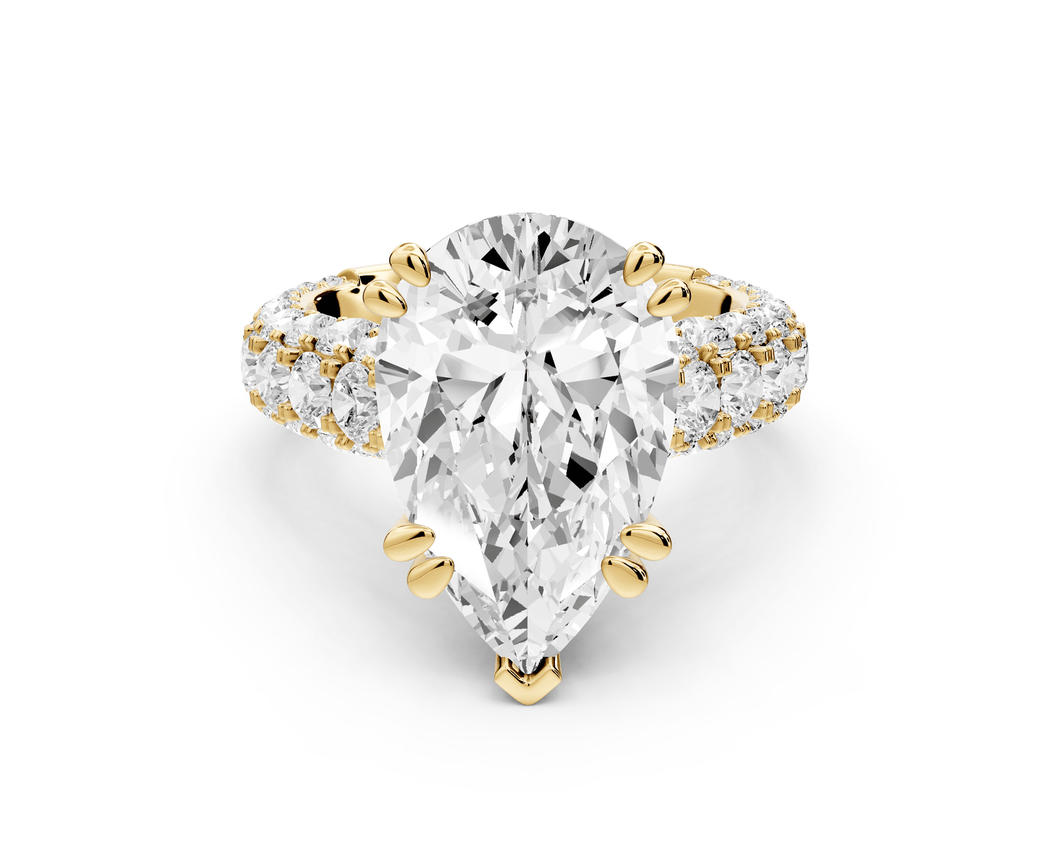 Clarissa - 5ct 18k yellow gold pear Diamond double talon prongs with a diamond bridge rollover pave cathedral engagment ring - Mr. Alex Jewelry