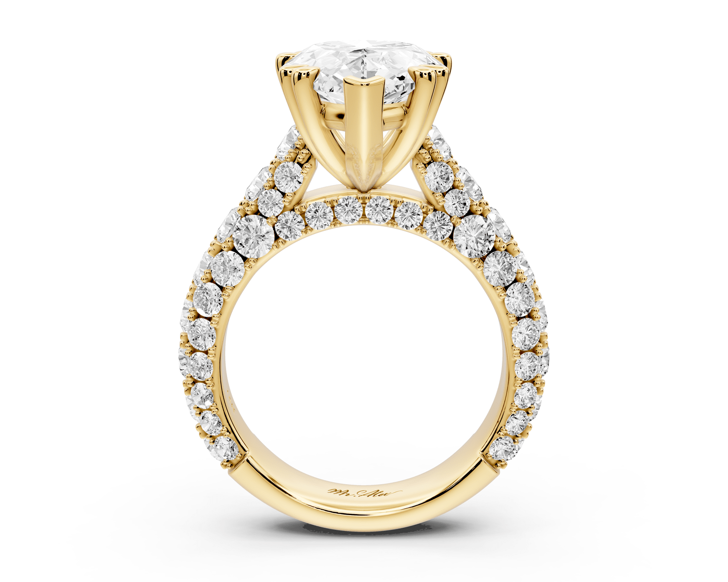 Clarissa - 5ct 18k yellow gold pear Diamond double talon prongs with a diamond bridge rollover pave cathedral engagment ring - Mr. Alex Jewelry