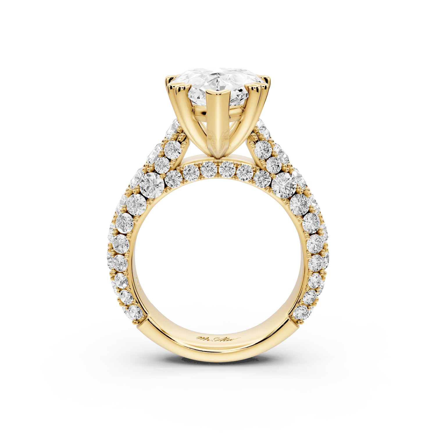 Clarissa - 5ct 18k yellow gold pear Diamond double talon prongs with a diamond bridge rollover pave cathedral engagment ring - Mr. Alex Jewelry