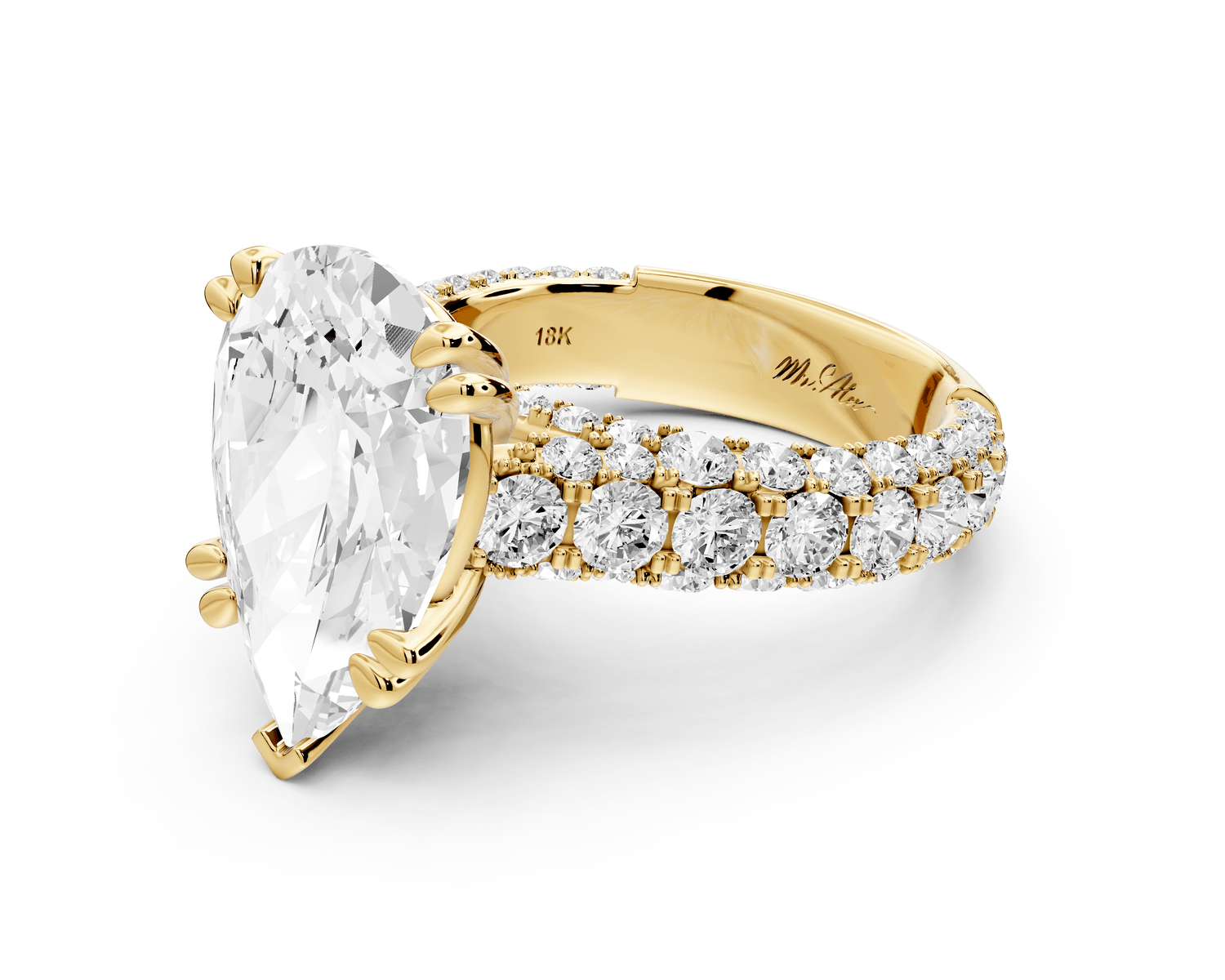Clarissa - 5ct 18k yellow gold pear Diamond double talon prongs with a diamond bridge rollover pave cathedral engagment ring - Mr. Alex Jewelry