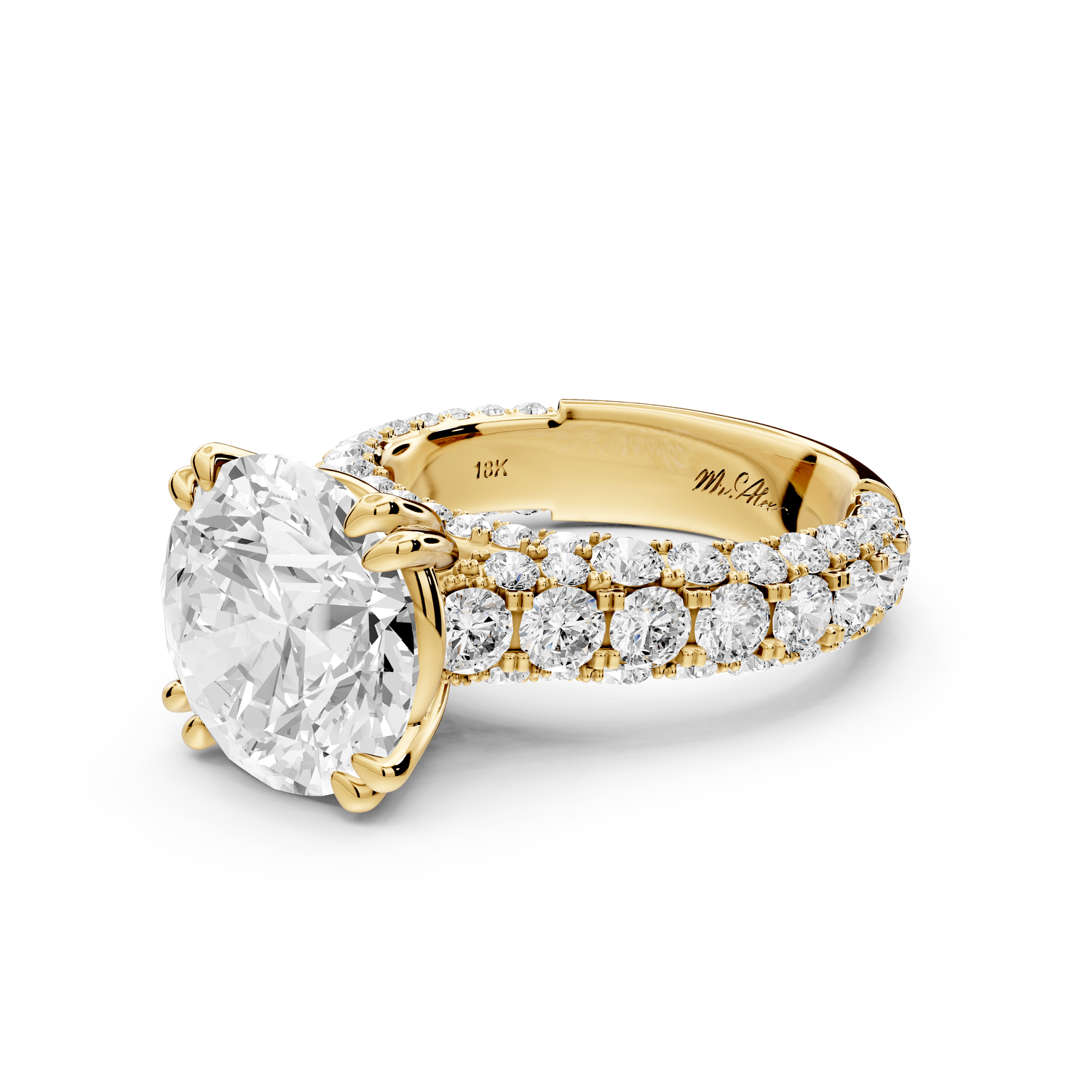 Clarissa - 5ct 18k yellow gold round Diamond double talon prongs with a diamond bridge rollover pave cathedral engagment ring - Mr. Alex Jewelry