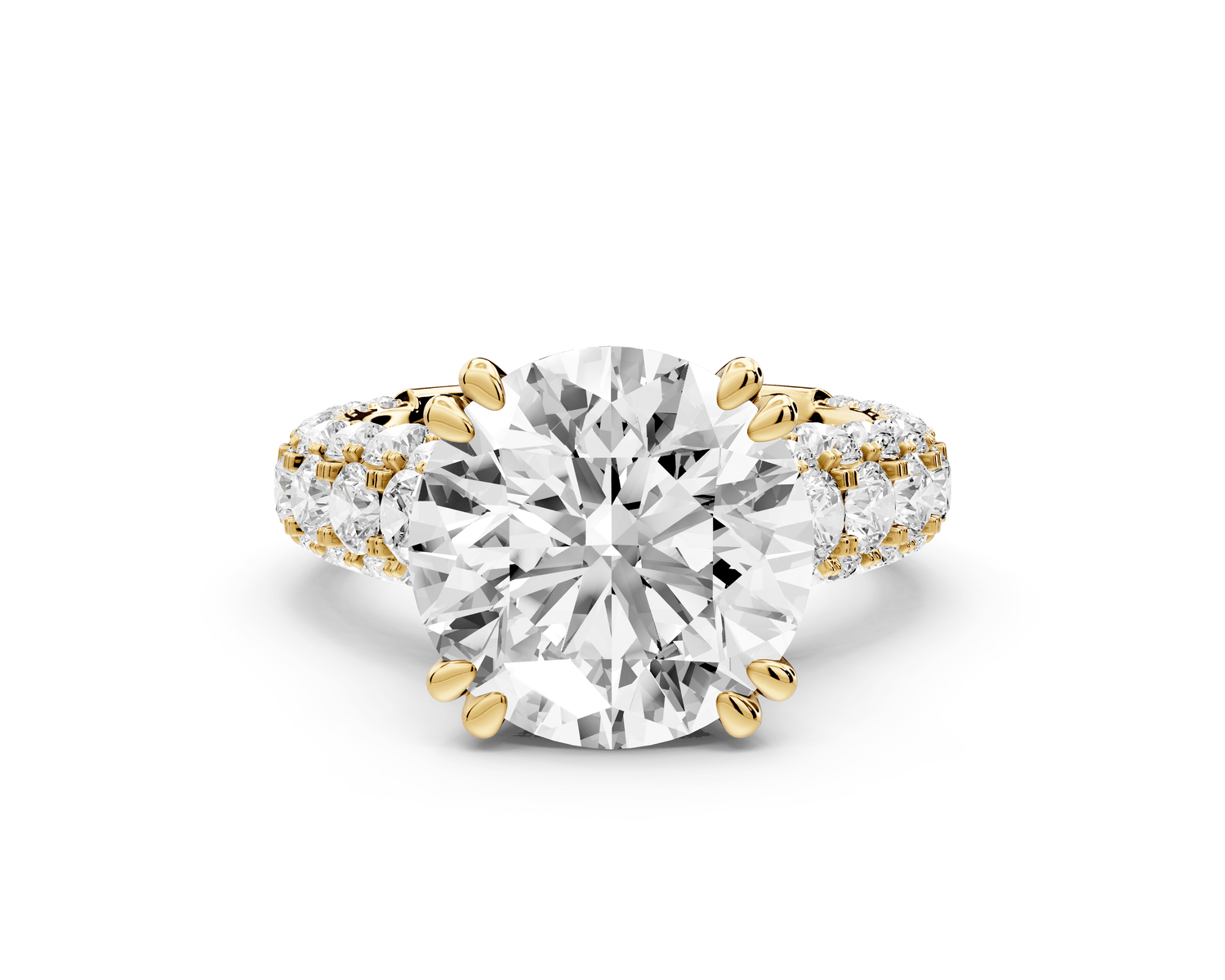 Clarissa - 5ct 18k yellow gold round Diamond double talon prongs with a diamond bridge rollover pave cathedral engagment ring - Mr. Alex Jewelry