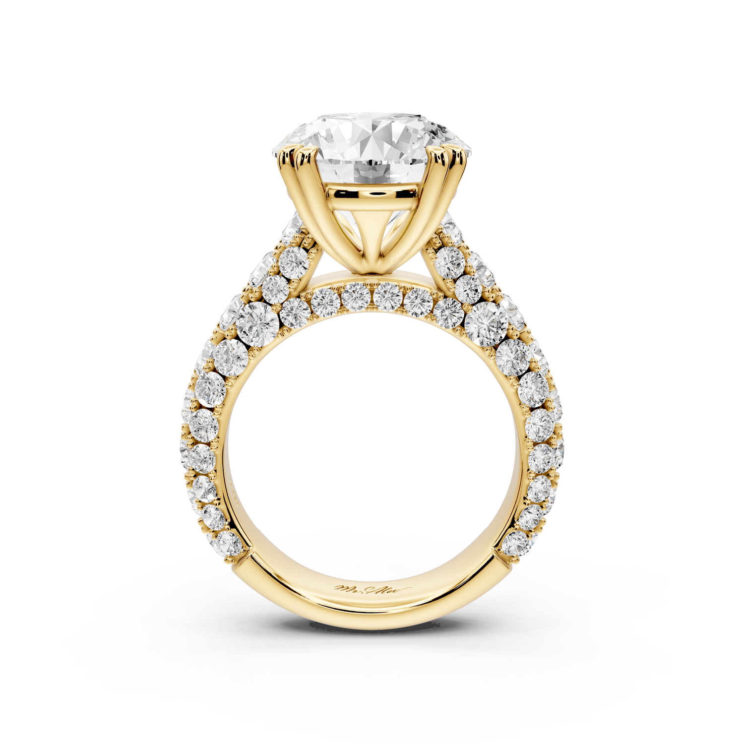 Clarissa - 5ct 18k yellow gold round Diamond double talon prongs with a diamond bridge rollover pave cathedral engagment ring - Mr. Alex Jewelry