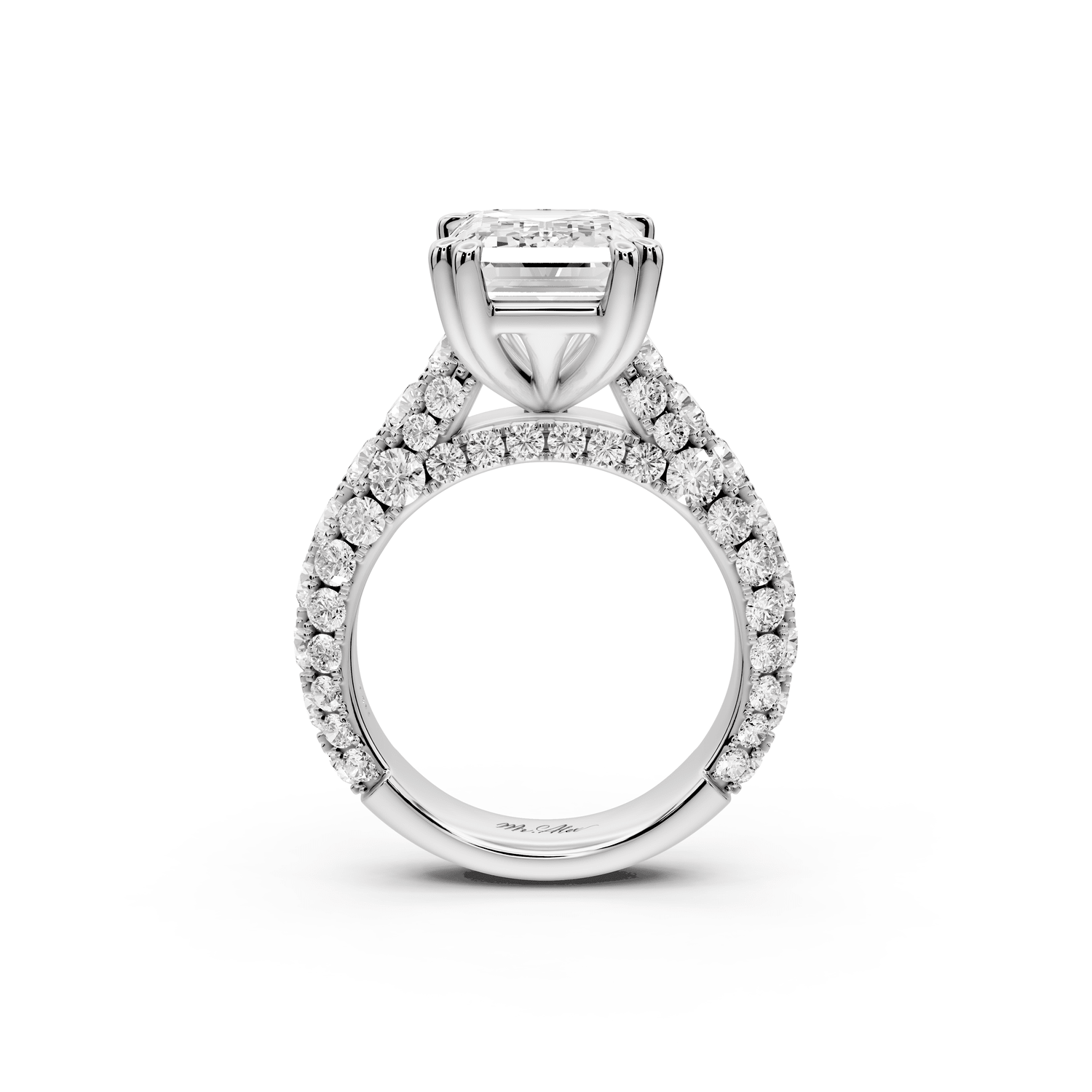 Clarissa - 5ct platinum emerald Diamond double talon prongs with a diamond bridge rollover pave cathedral engagment ring - Mr. Alex Jewelry