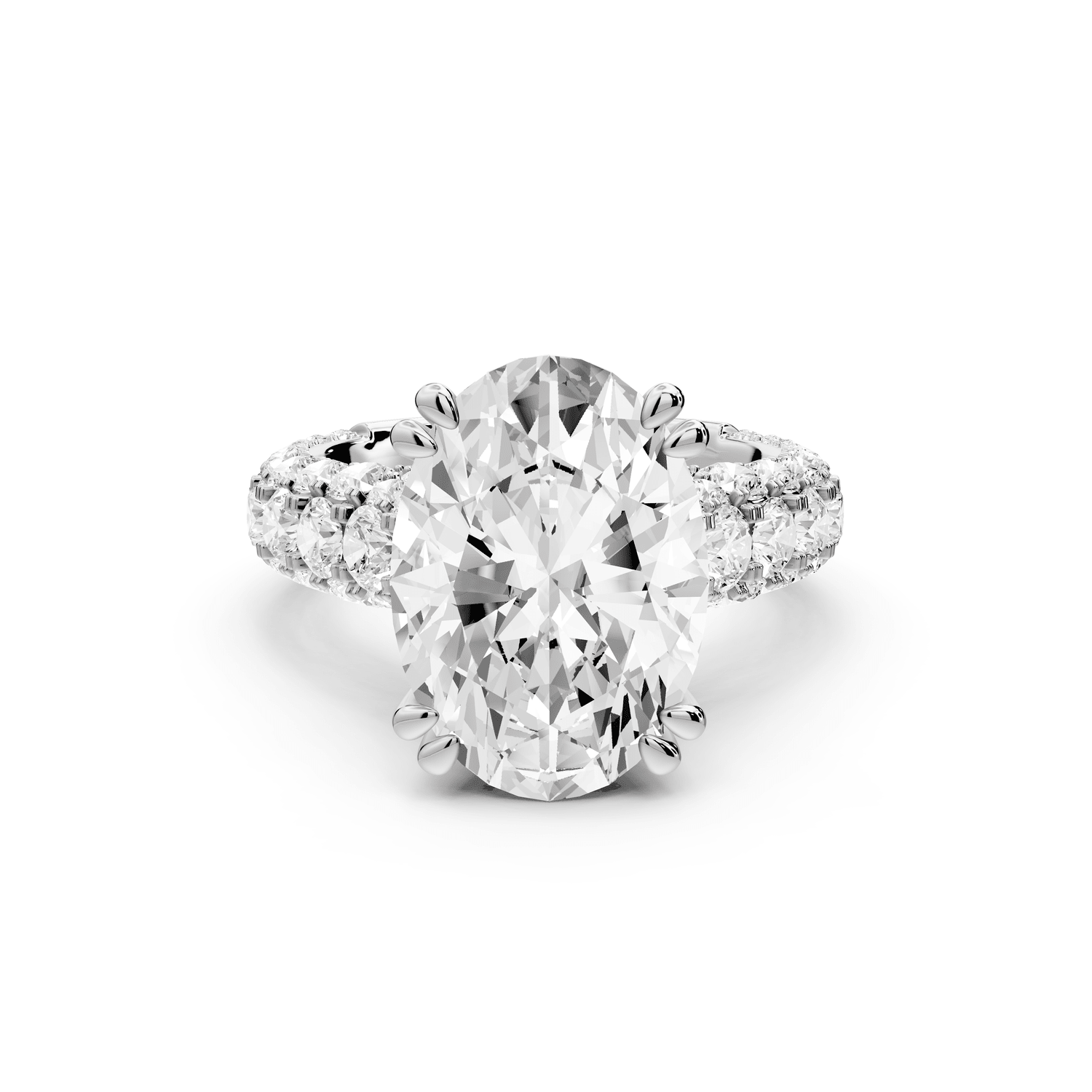 Clarissa - 5ct platinum oval Diamond double talon prongs with a diamond bridge rollover pave cathedral engagment ring - Mr. Alex Jewelry
