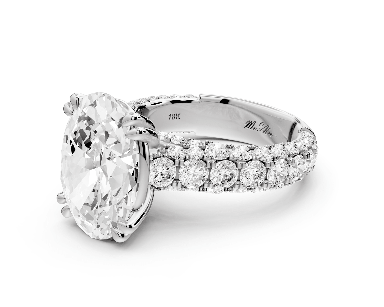 Clarissa - 5ct platinum oval Diamond double talon prongs with a diamond bridge rollover pave cathedral engagment ring - Mr. Alex Jewelry