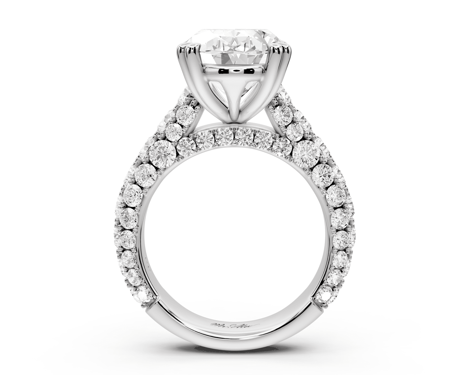 Clarissa - 5ct platinum oval Diamond double talon prongs with a diamond bridge rollover pave cathedral engagment ring - Mr. Alex Jewelry