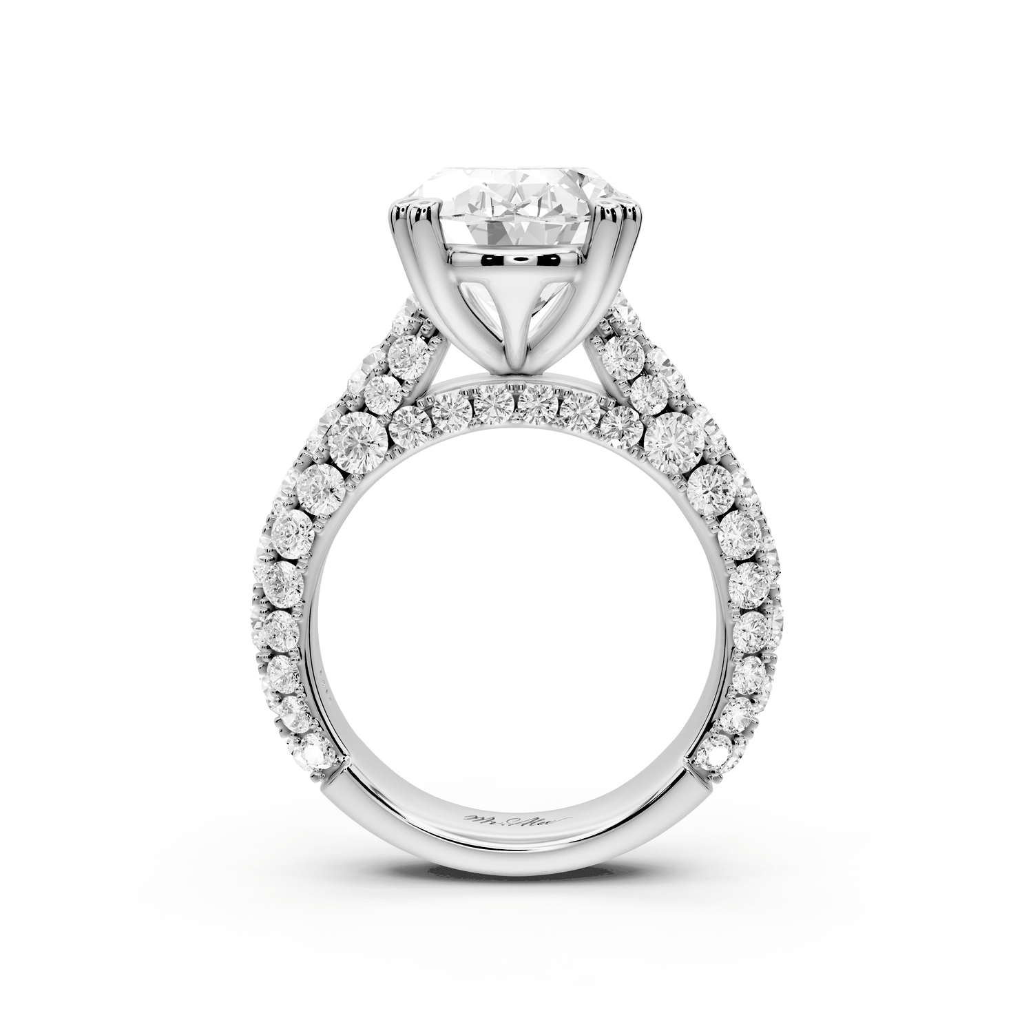 Clarissa - 5ct platinum oval Diamond double talon prongs with a diamond bridge rollover pave cathedral engagment ring - Mr. Alex Jewelry