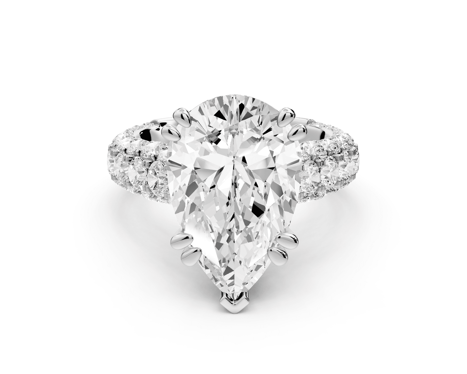 Clarissa - 5ct platinum pear Diamond double talon prongs with a diamond bridge rollover pave cathedral engagment ring - Mr. Alex Jewelry
