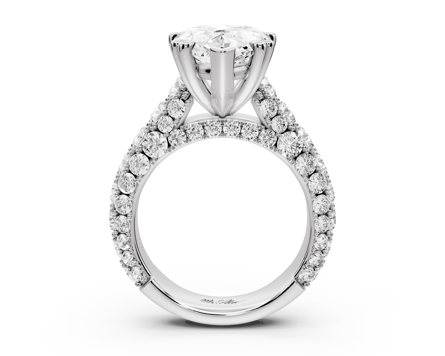 Clarissa - 5ct platinum pear Diamond double talon prongs with a diamond bridge rollover pave cathedral engagment ring - Mr. Alex Jewelry