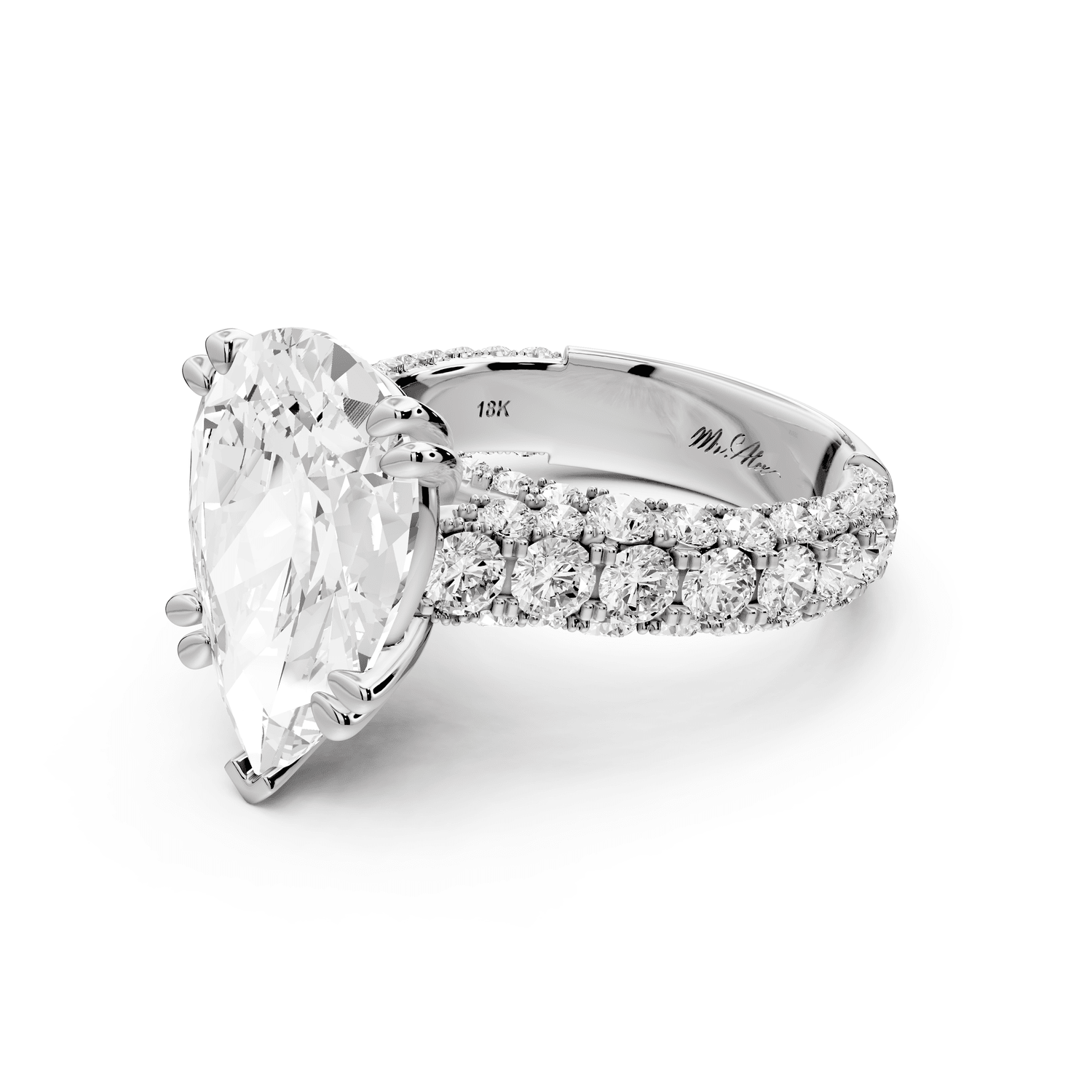 Clarissa - 5ct platinum pear Diamond double talon prongs with a diamond bridge rollover pave cathedral engagment ring - Mr. Alex Jewelry