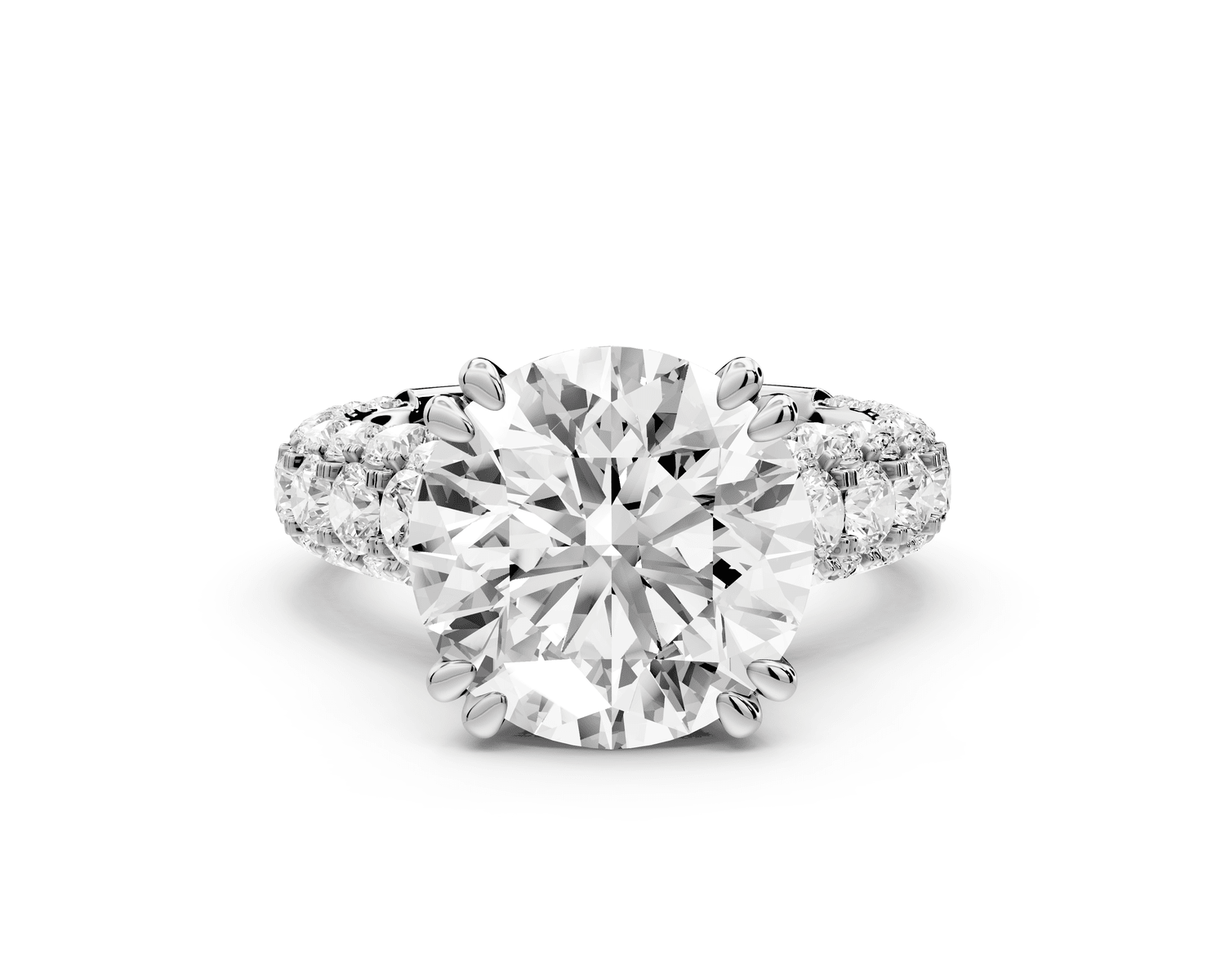 Clarissa - 5ct platinum round Diamond double talon prongs with a diamond bridge rollover pave cathedral engagment ring - Mr. Alex Jewelry