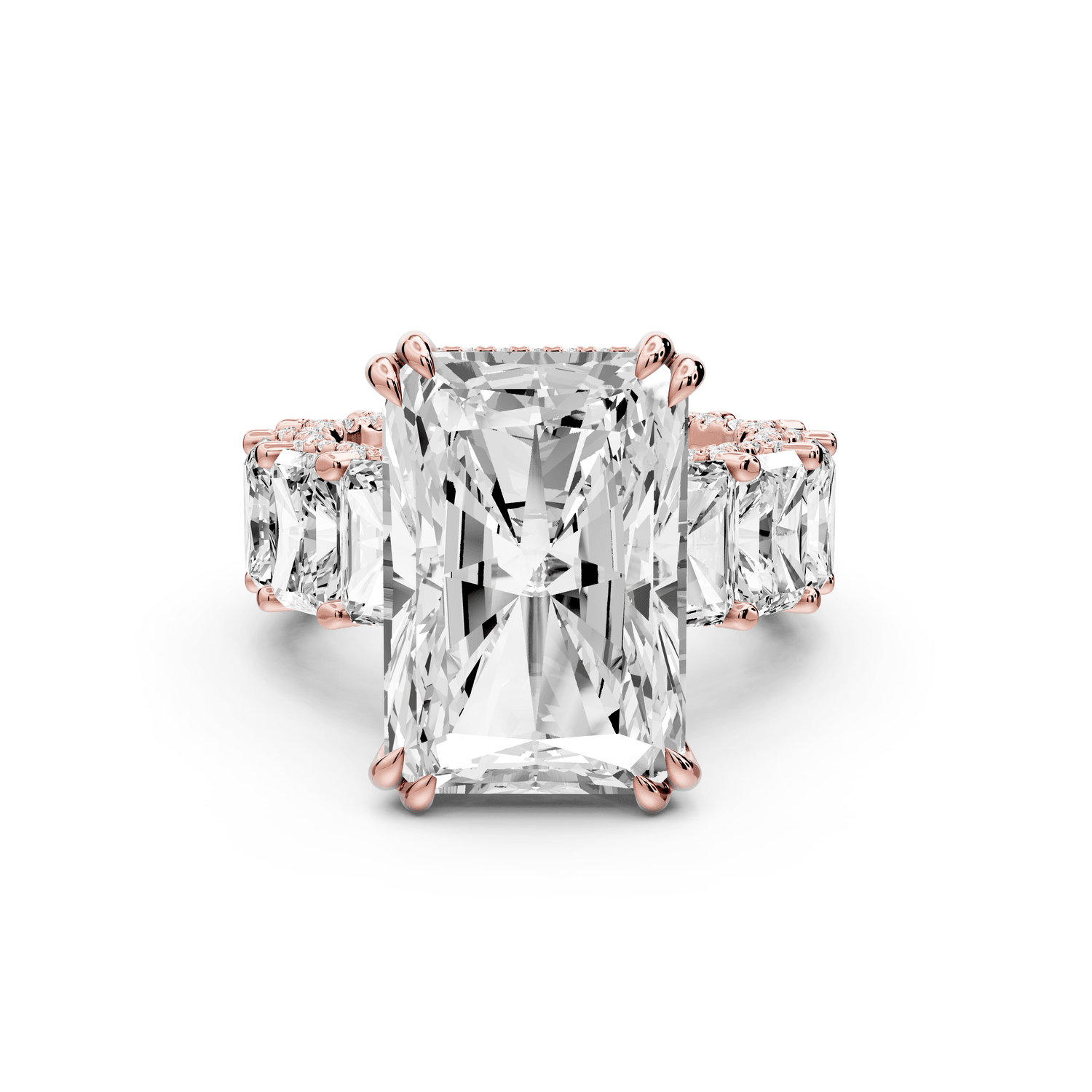 Daisy - 10ct 14k rose gold Radiant Hidden Halo Engagement Ring with Graduated Shared-Prong Side Stones and Pavé Accents - Mr. Alex Jewelry