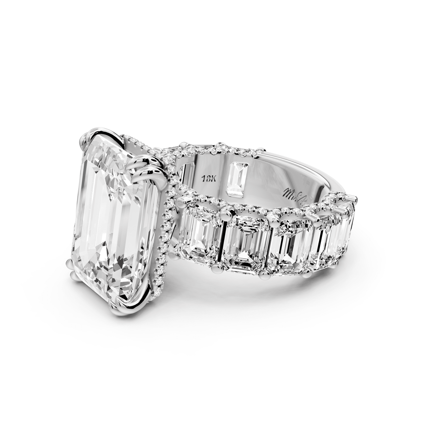 Daisy - 10ct 14k white gold Emerald Hidden Halo Engagement Ring with Graduated Shared-Prong Side Stones and Pavé Accents - Mr. Alex Jewelry