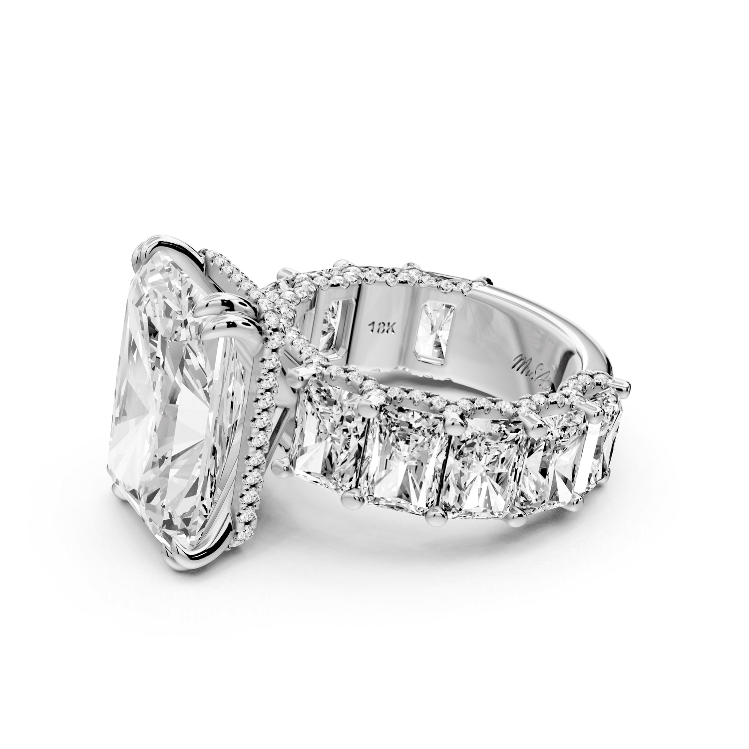 Daisy - 10ct 14k white gold Radiant Hidden Halo Engagement Ring with Graduated Shared-Prong Side Stones and Pavé Accents - Mr. Alex Jewelry