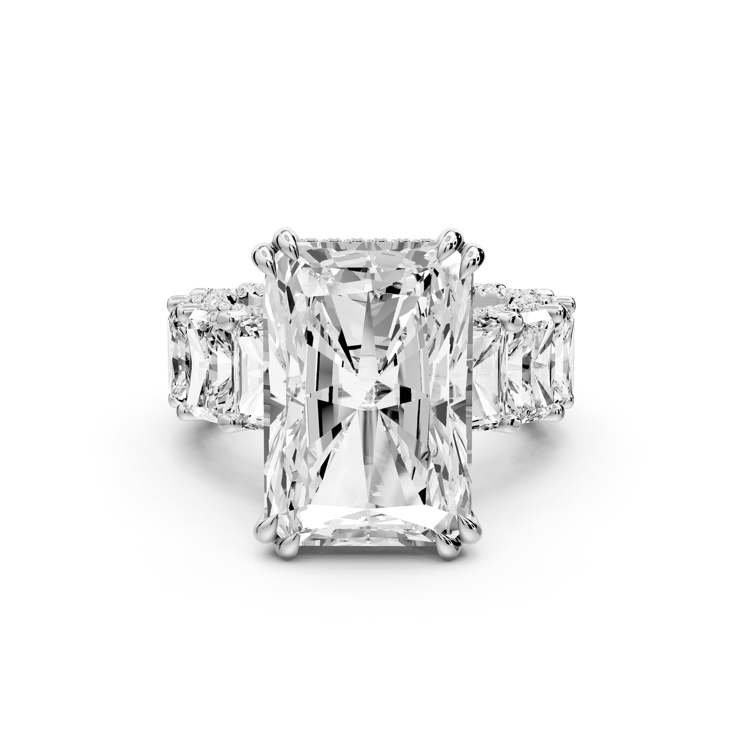 Daisy - 10ct 14k white gold Radiant Hidden Halo Engagement Ring with Graduated Shared-Prong Side Stones and Pavé Accents - Mr. Alex Jewelry