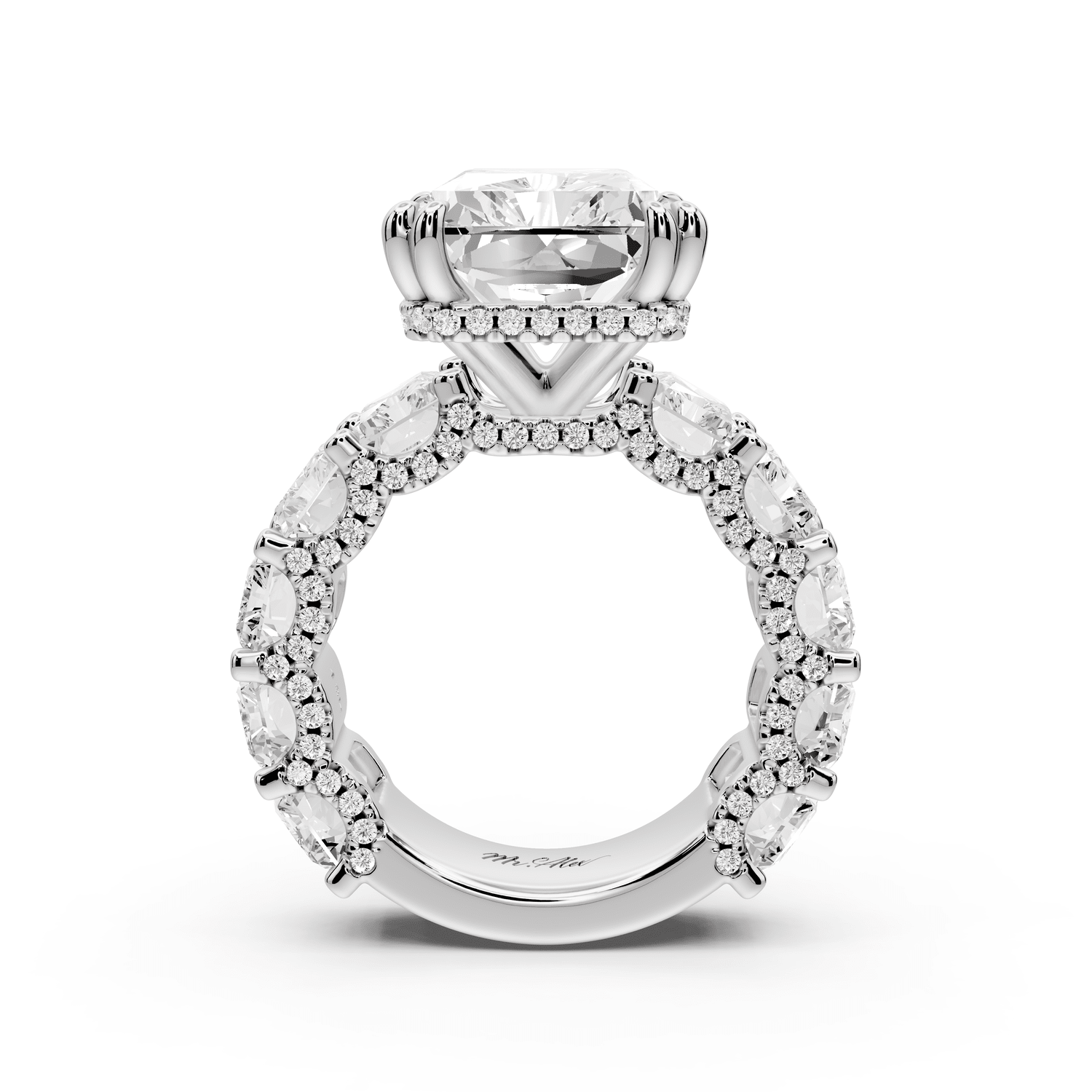 Daisy - 10ct 14k white gold Radiant Hidden Halo Engagement Ring with Graduated Shared-Prong Side Stones and Pavé Accents - Mr. Alex Jewelry