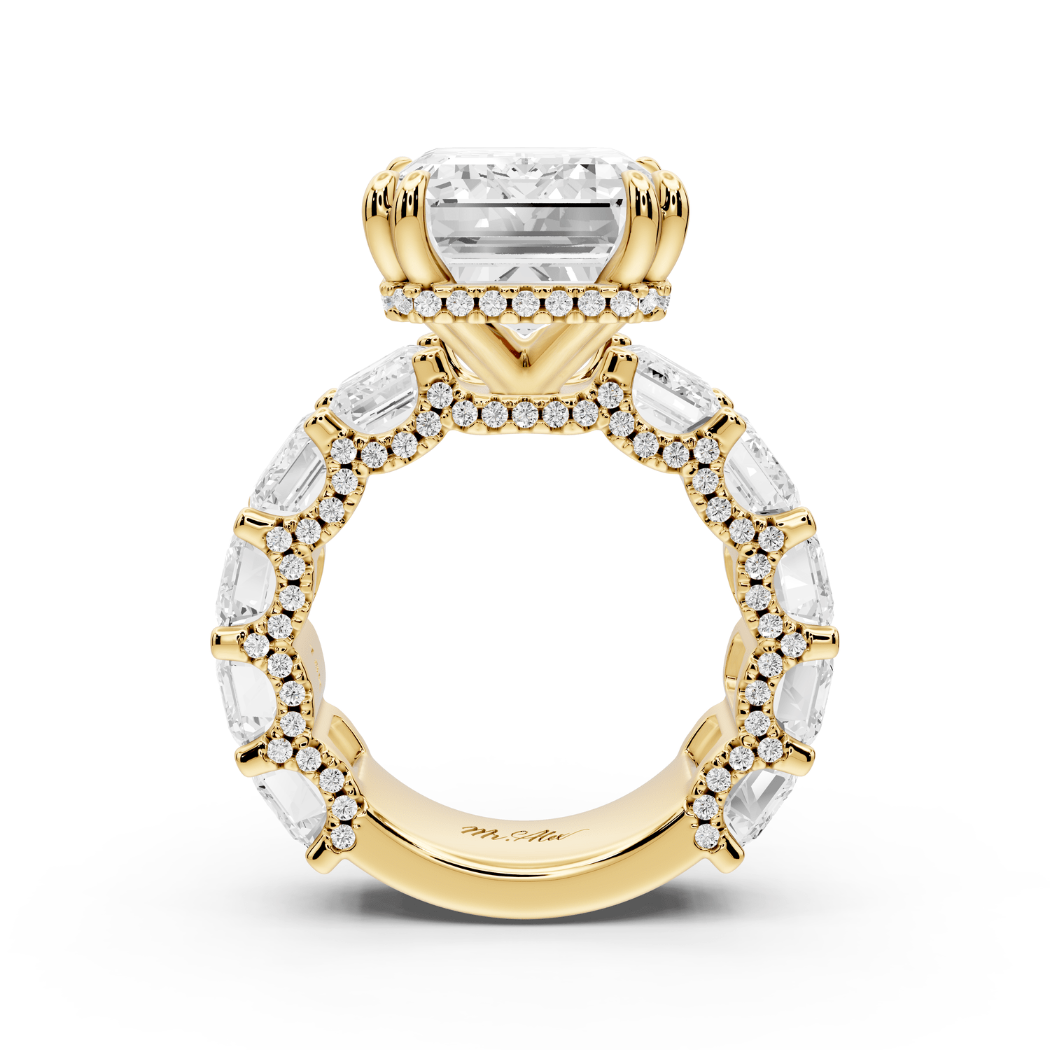 Daisy - 10ct 14k yellow gold Emerald Hidden Halo Engagement Ring with Graduated Shared-Prong Side Stones and Pavé Accents - Mr. Alex Jewelry