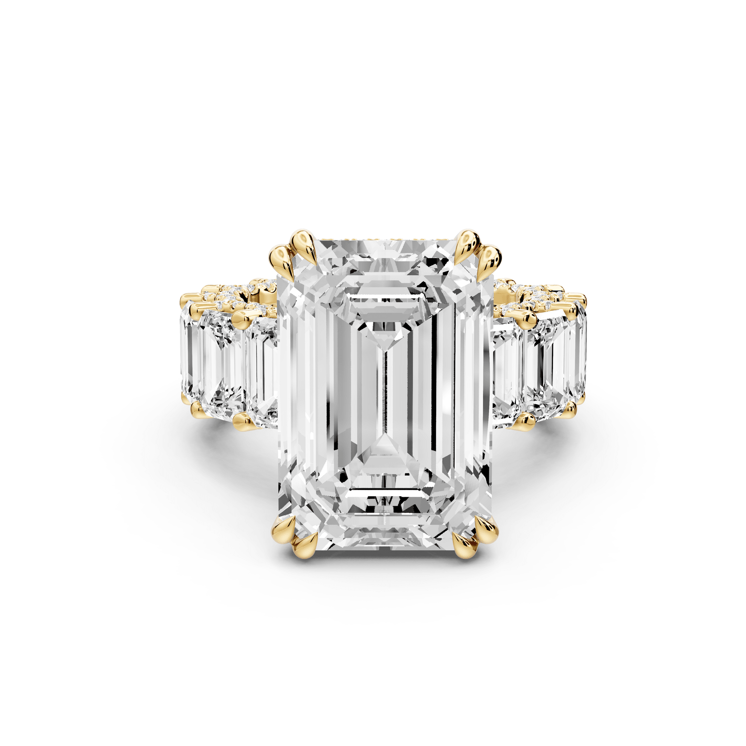 Daisy - 10ct 14k yellow gold Emerald Hidden Halo Engagement Ring with Graduated Shared-Prong Side Stones and Pavé Accents - Mr. Alex Jewelry