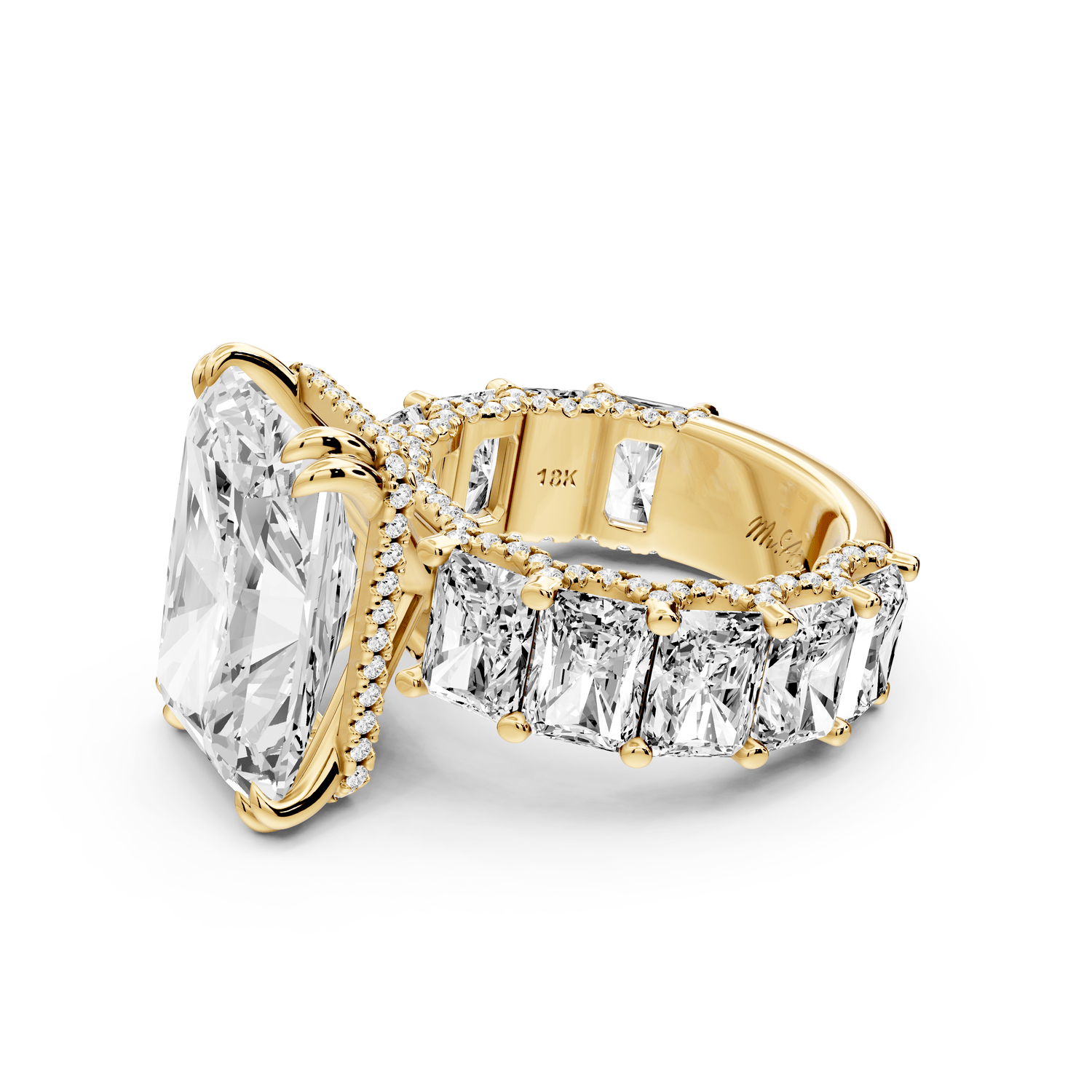 Daisy - 10ct 14k yellow gold Radiant Hidden Halo Engagement Ring with Graduated Shared-Prong Side Stones and Pavé Accents - Mr. Alex Jewelry