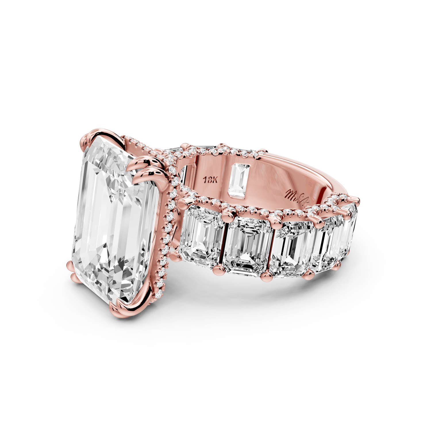 Daisy - 10ct 18k rose gold Emerald Hidden Halo Engagement Ring with Graduated Shared-Prong Side Stones and Pavé Accents - Mr. Alex Jewelry