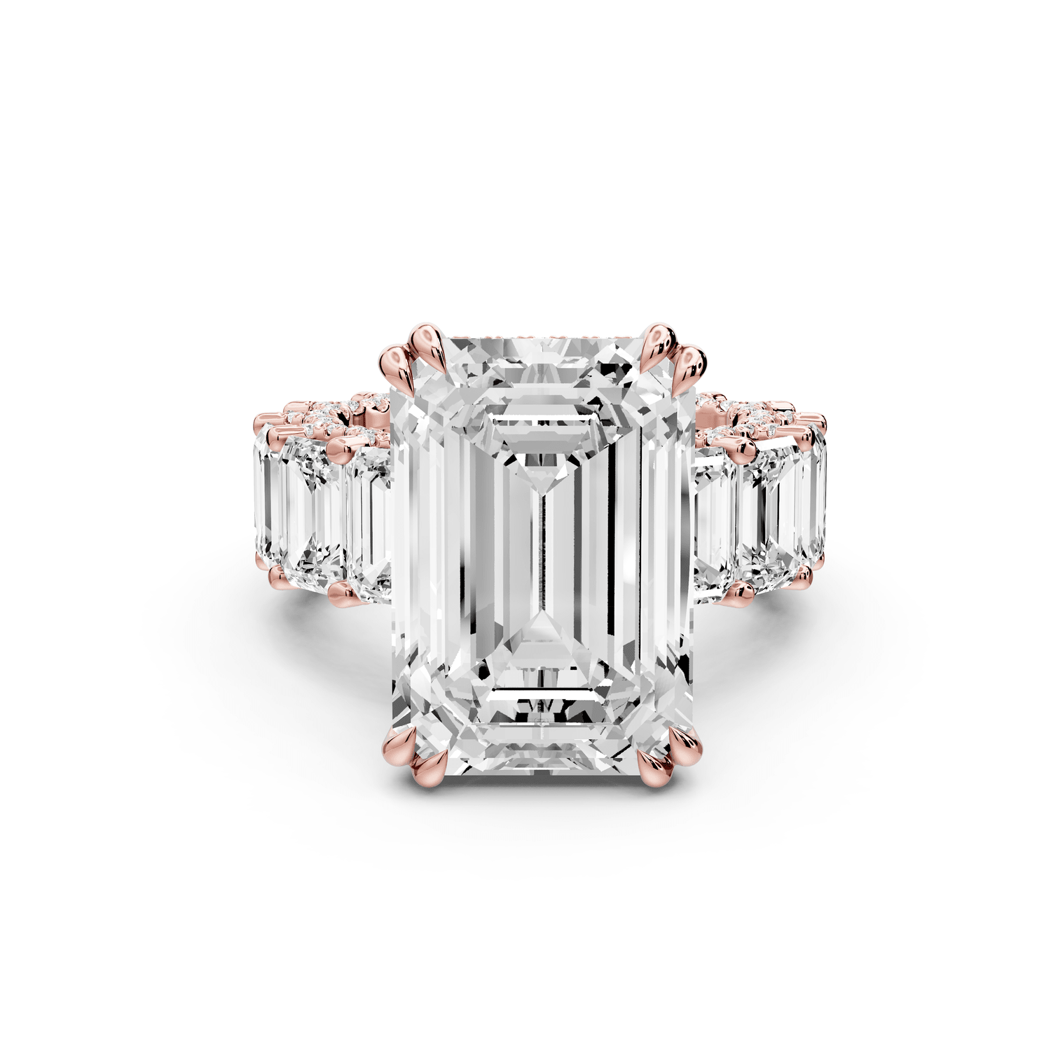 Daisy - 10ct 18k rose gold Emerald Hidden Halo Engagement Ring with Graduated Shared-Prong Side Stones and Pavé Accents - Mr. Alex Jewelry