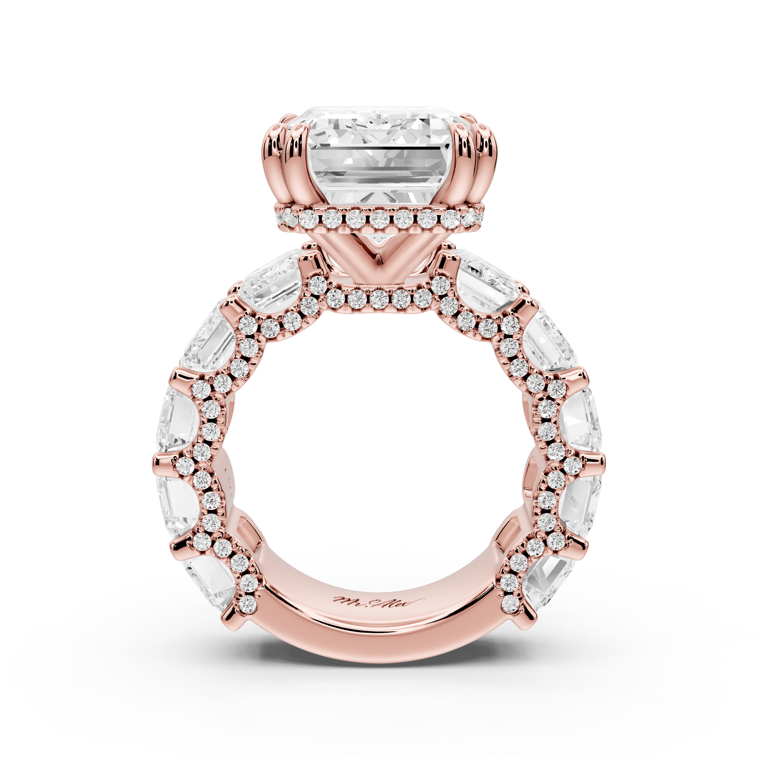 Daisy - 10ct 18k rose gold Emerald Hidden Halo Engagement Ring with Graduated Shared-Prong Side Stones and Pavé Accents - Mr. Alex Jewelry