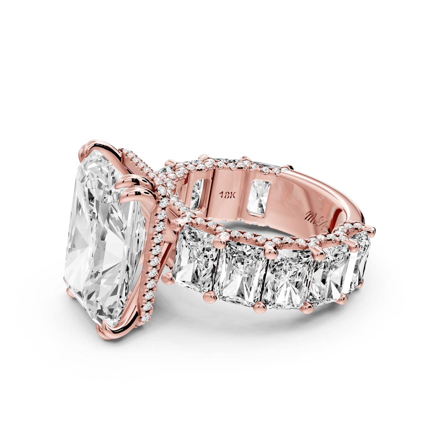 Daisy - 10ct 18k rose gold Radiant Hidden Halo Engagement Ring with Graduated Shared-Prong Side Stones and Pavé Accents - Mr. Alex Jewelry