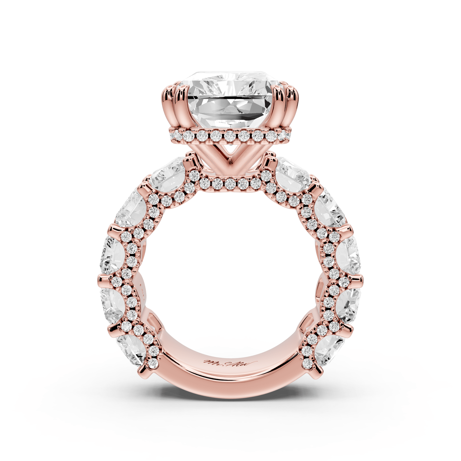 Daisy - 10ct 18k rose gold Radiant Hidden Halo Engagement Ring with Graduated Shared-Prong Side Stones and Pavé Accents - Mr. Alex Jewelry