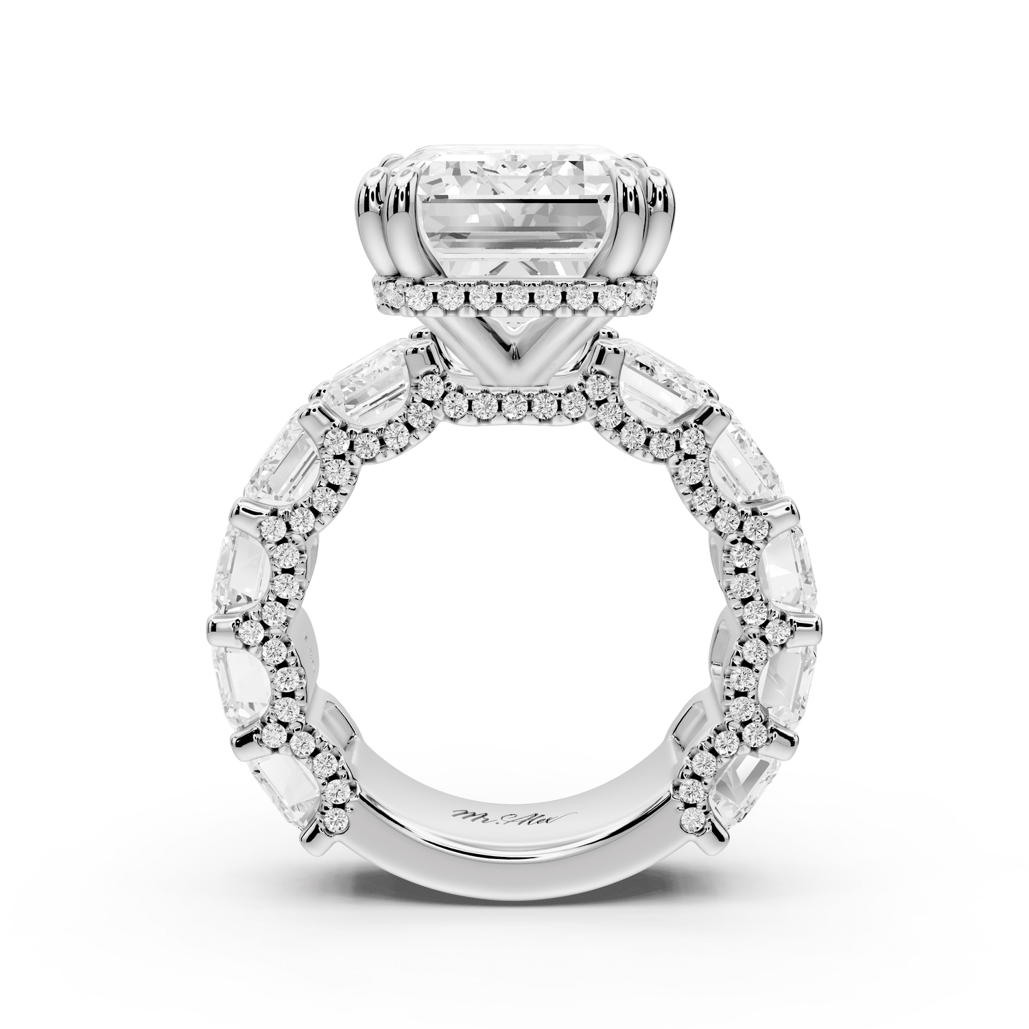 Daisy - 10ct 18k white gold Emerald Hidden Halo Engagement Ring with Graduated Shared-Prong Side Stones and Pavé Accents - Mr. Alex Jewelry