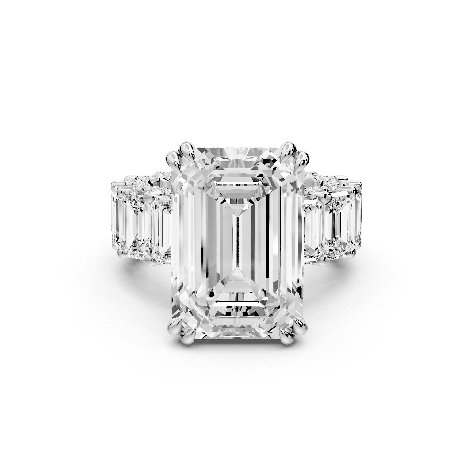 Daisy - 10ct 18k white gold Emerald Hidden Halo Engagement Ring with Graduated Shared-Prong Side Stones and Pavé Accents - Mr. Alex Jewelry