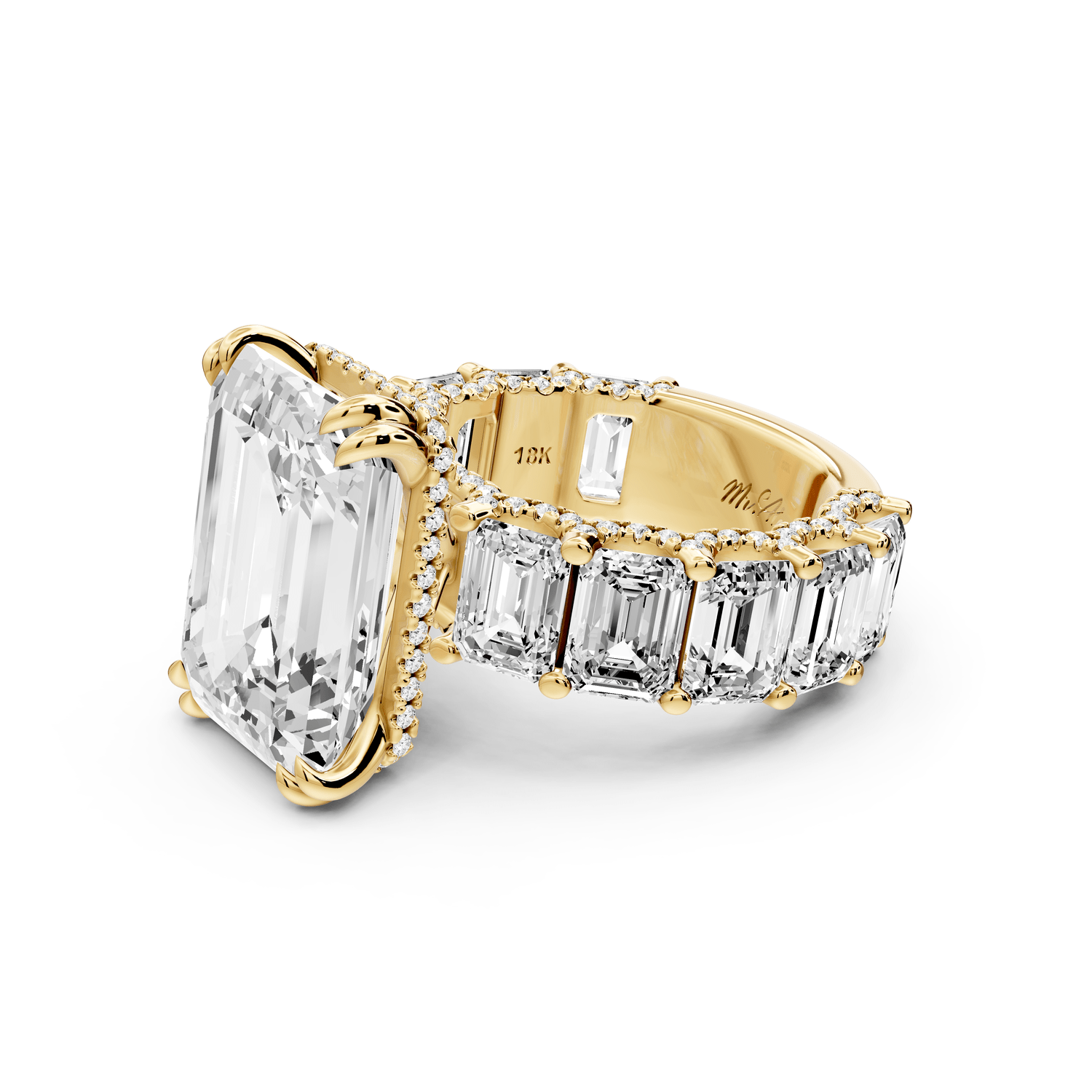 Daisy - 10ct 18k yellow gold Emerald Hidden Halo Engagement Ring with Graduated Shared-Prong Side Stones and Pavé Accents - Mr. Alex Jewelry