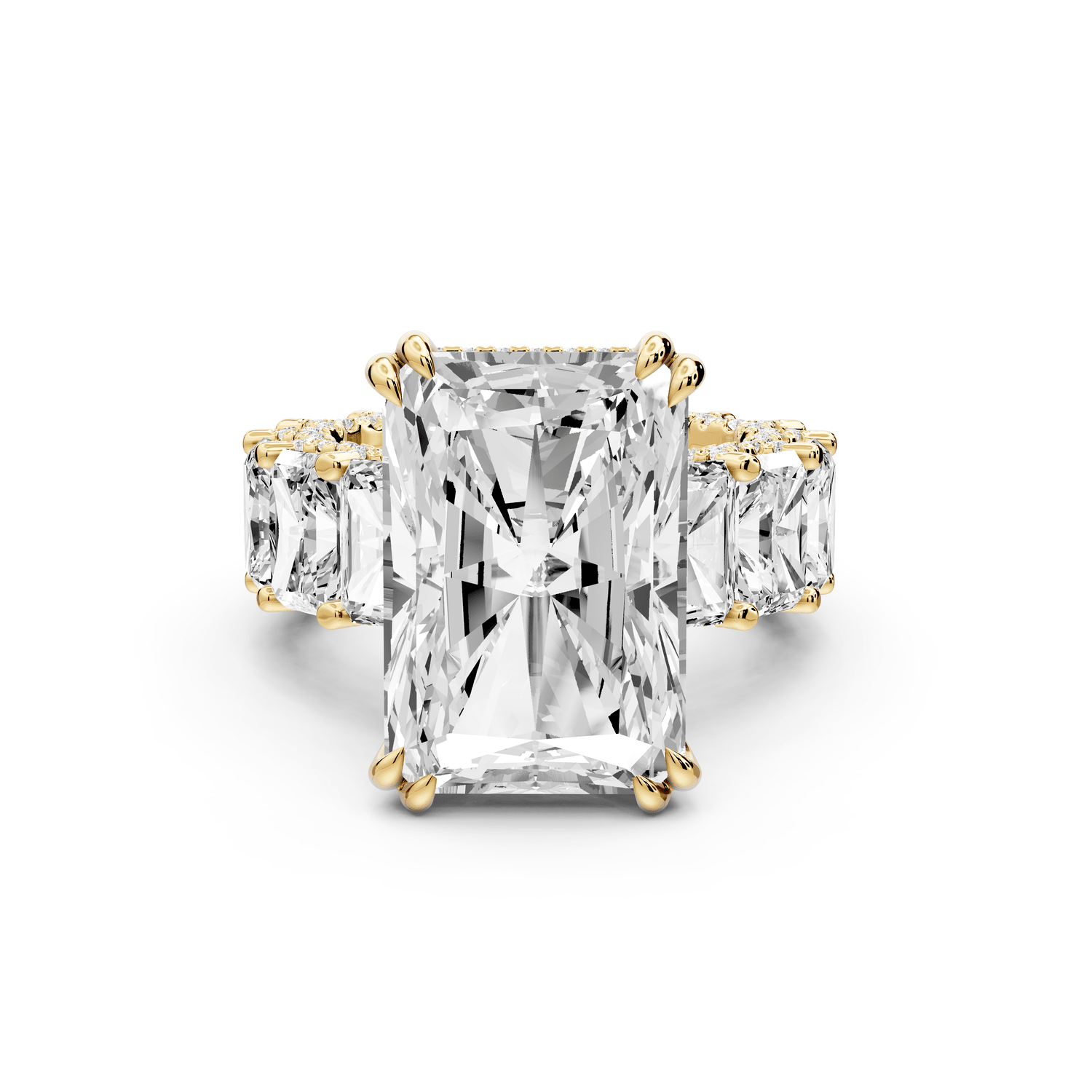 Daisy - 10ct 18k yellow gold Radiant Hidden Halo Engagement Ring with Graduated Shared-Prong Side Stones and Pavé Accents - Mr. Alex Jewelry