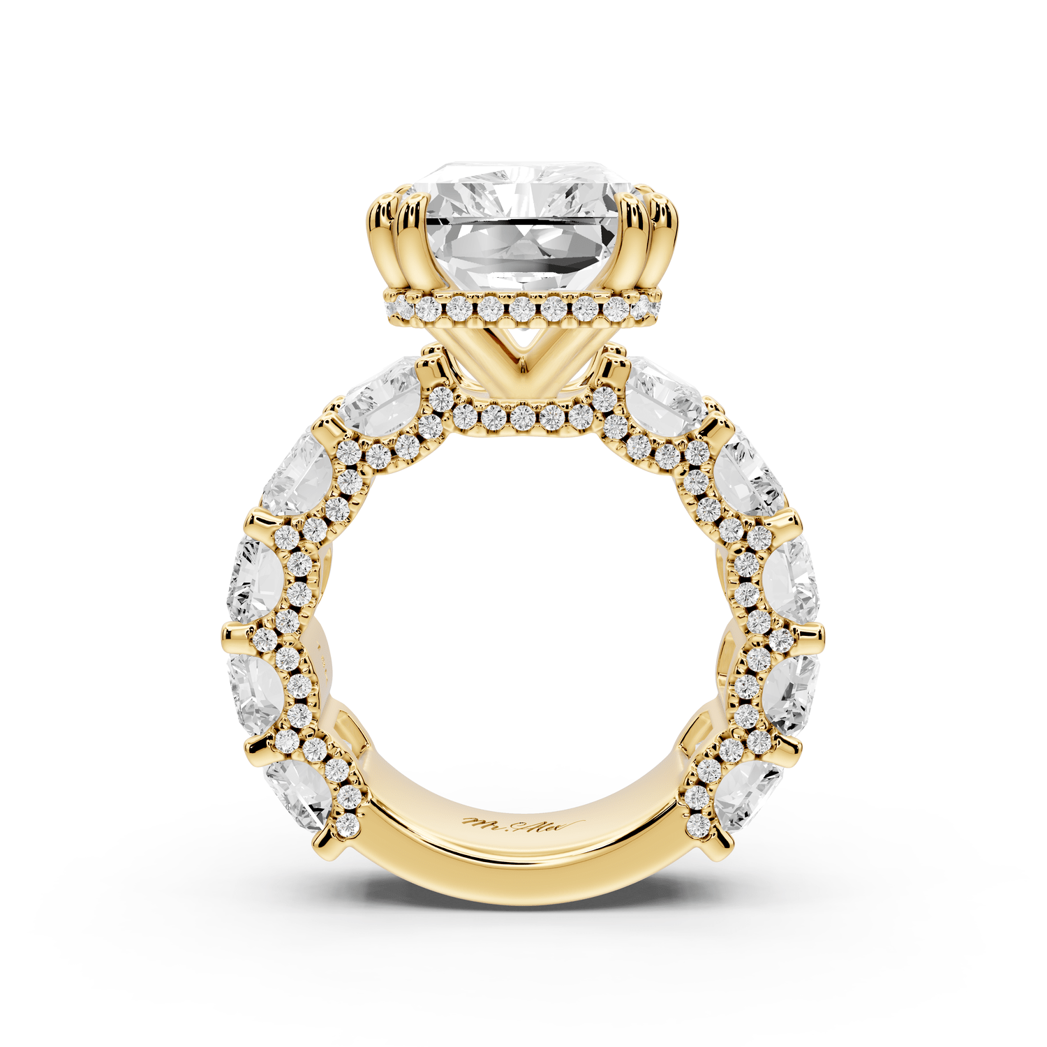 Daisy - 10ct 18k yellow gold Radiant Hidden Halo Engagement Ring with Graduated Shared-Prong Side Stones and Pavé Accents - Mr. Alex Jewelry