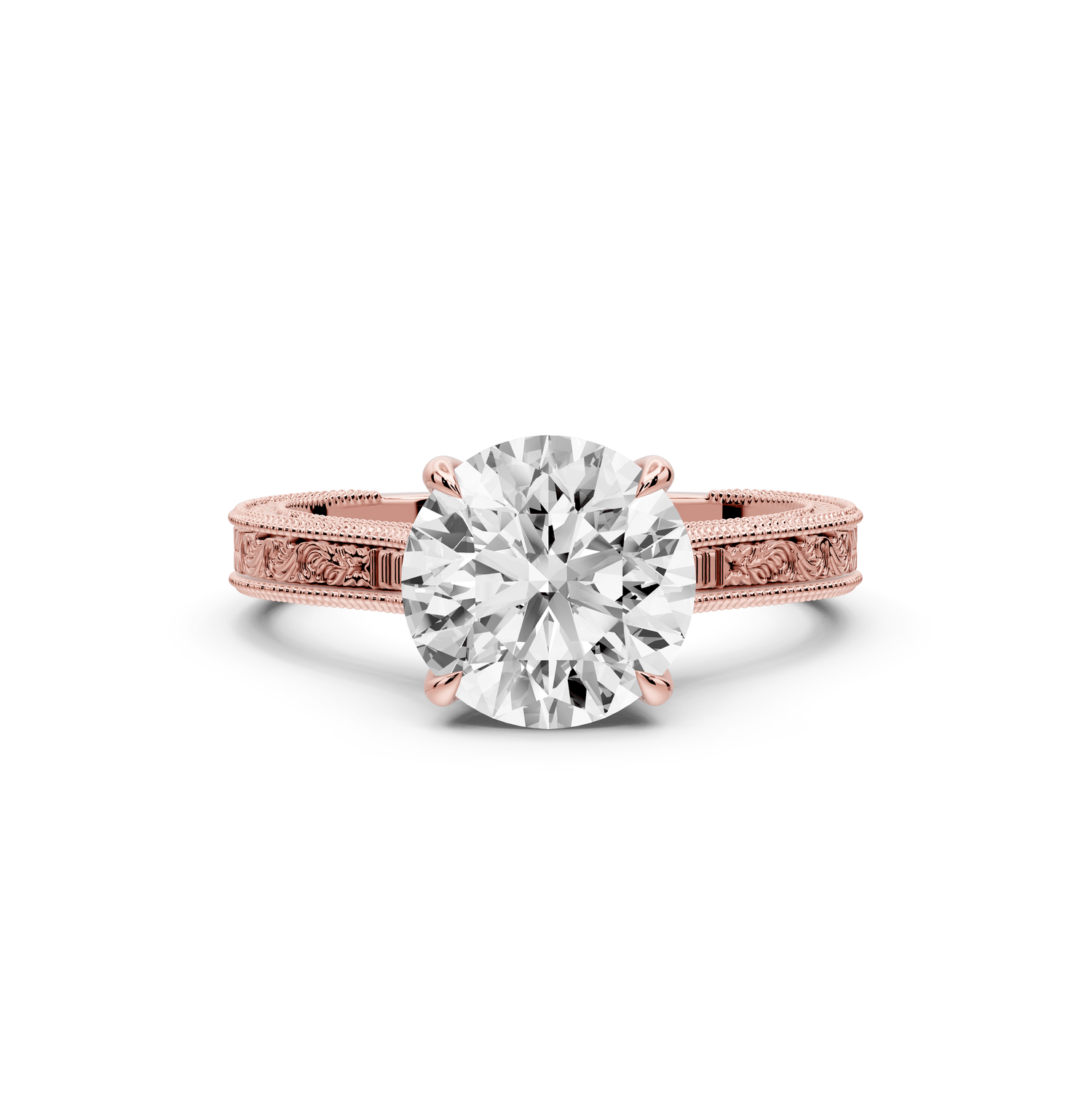 Daniel - 2ct 14k rose gold Round Vintage-Inspired Solitaire Engagement Ring with Hand-Engraved Milgrain Band - Mr. Alex Jewelry