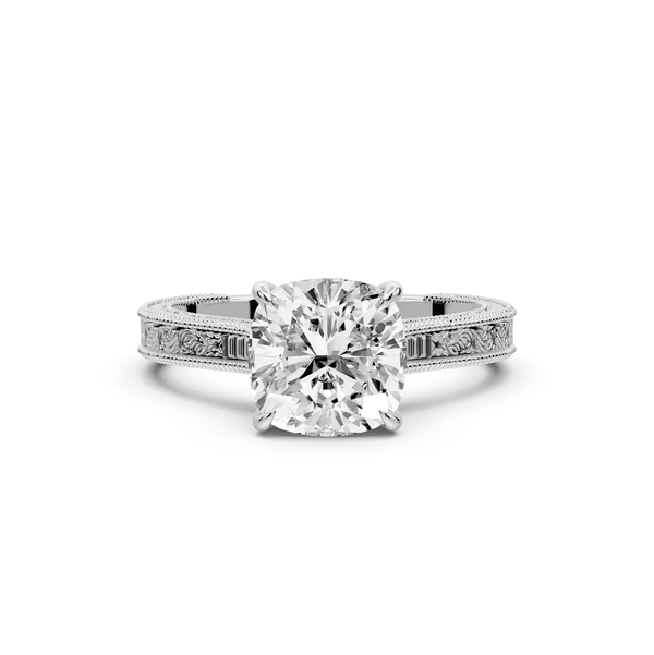 Daniel - 2ct 14k white gold Cushion Vintage-Inspired Solitaire Engagement Ring with Hand-Engraved Milgrain Band - Mr. Alex Jewelry