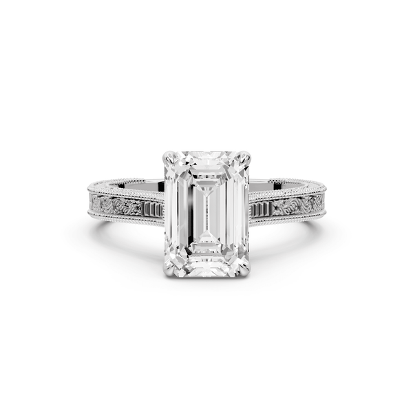 Daniel - 2ct 14k white gold Emerald Vintage-Inspired Solitaire Engagement Ring with Hand-Engraved Milgrain Band - Mr. Alex Jewelry