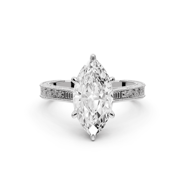Daniel - 2ct 14k white gold Marquise Vintage-Inspired Solitaire Engagement Ring with Hand-Engraved Milgrain Band - Mr. Alex Jewelry