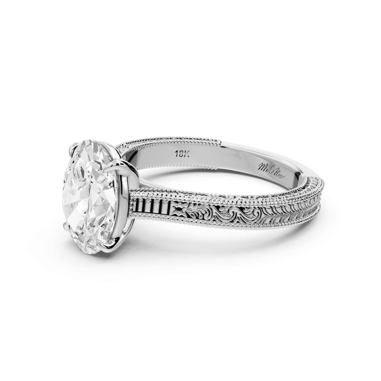 Daniel - 2ct 14k white gold Oval Vintage-Inspired Solitaire Engagement Ring with Hand-Engraved Milgrain Band - Mr. Alex Jewelry