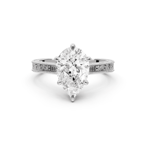 Daniel - 2ct 14k white gold Pear Vintage-Inspired Solitaire Engagement Ring with Hand-Engraved Milgrain Band - Mr. Alex Jewelry