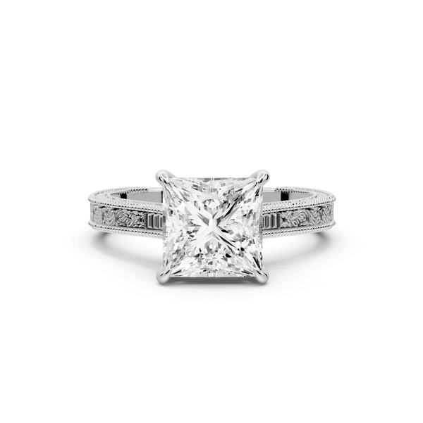 Daniel - 2ct 14k white gold Princess Vintage-Inspired Solitaire Engagement Ring with Hand-Engraved Milgrain Band - Mr. Alex Jewelry