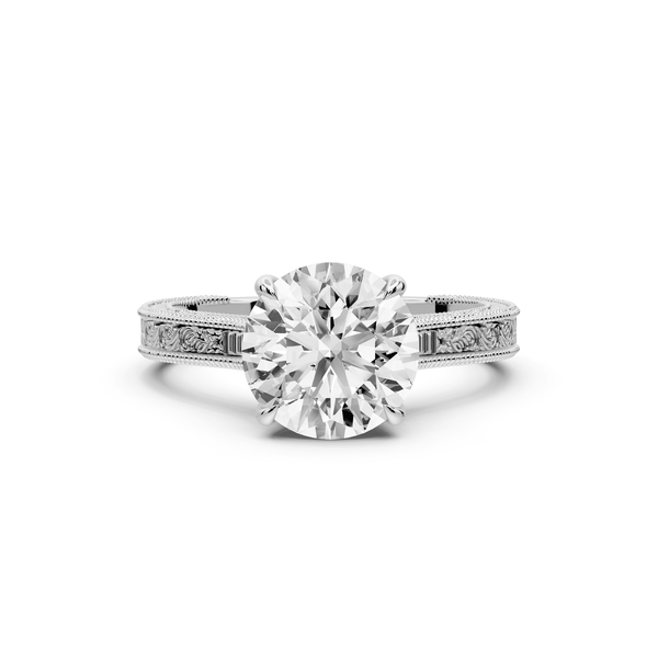 Daniel - 2ct 14k white gold Round Vintage-Inspired Solitaire Engagement Ring with Hand-Engraved Milgrain Band - Mr. Alex Jewelry