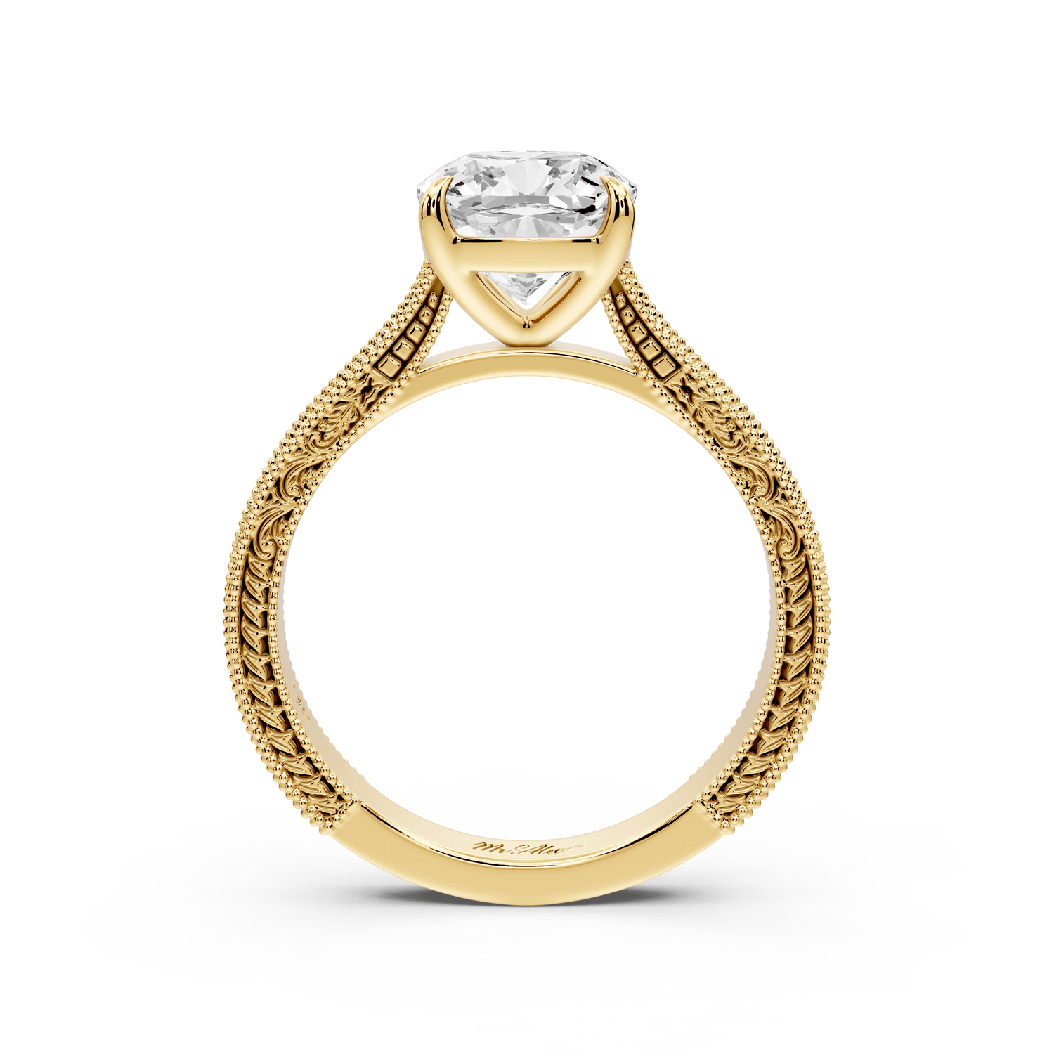 Daniel - 2ct 14k yellow gold Cushion Vintage-Inspired Solitaire Engagement Ring with Hand-Engraved Milgrain Band - Mr. Alex Jewelry