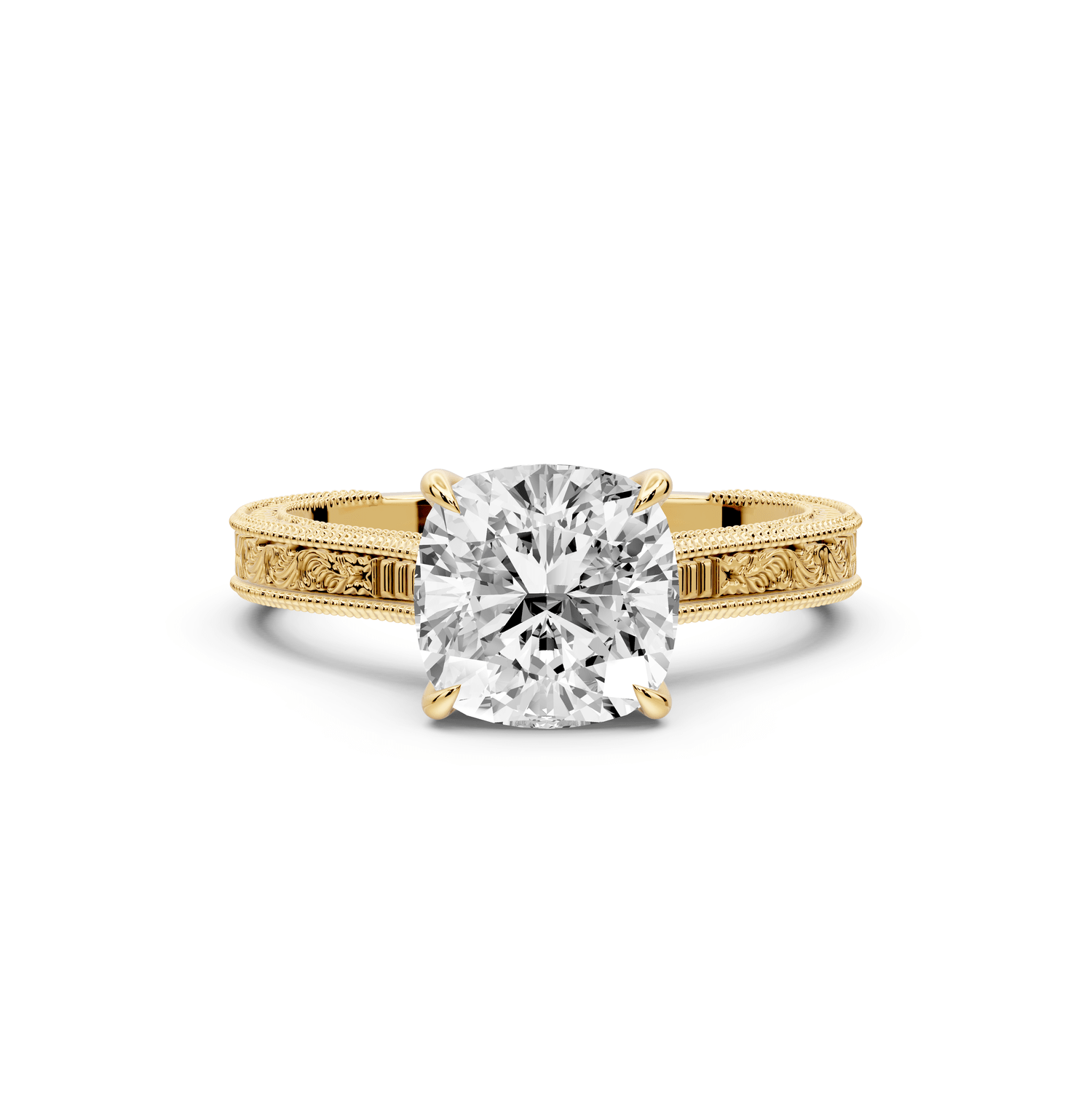 Daniel - 2ct 14k yellow gold Cushion Vintage-Inspired Solitaire Engagement Ring with Hand-Engraved Milgrain Band - Mr. Alex Jewelry